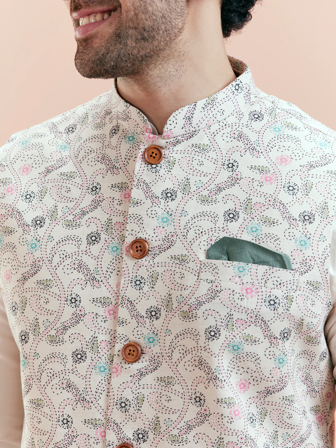White Cotton Blend Printed Jacket Kurta Trouser Set - Image 6