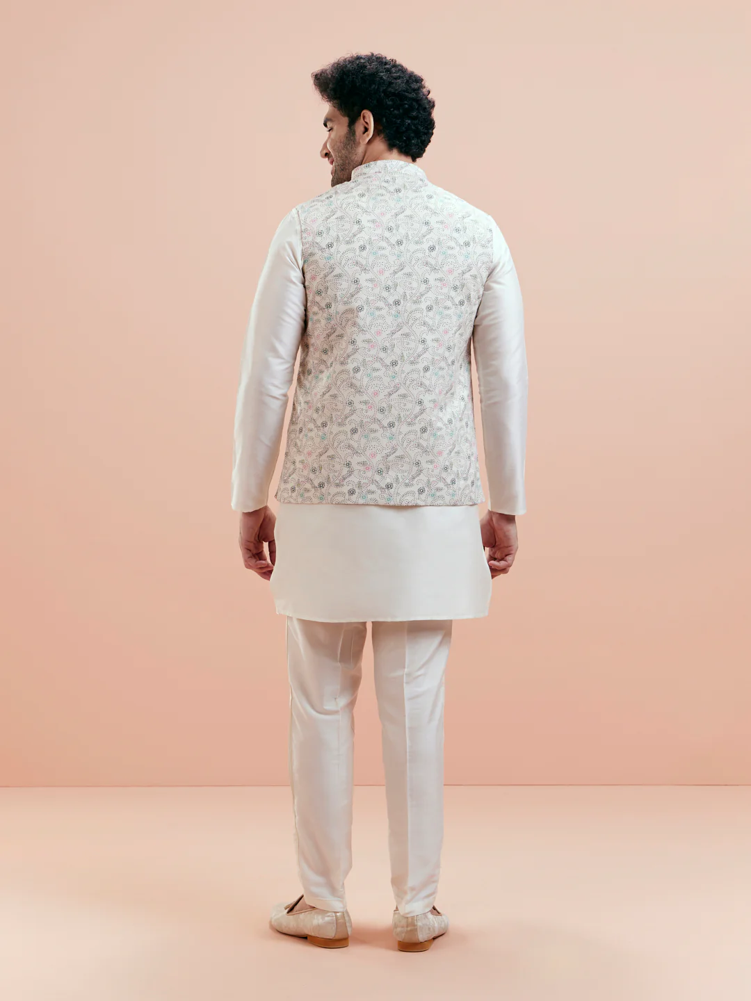 White Cotton Blend Printed Jacket Kurta Trouser Set - Image 7