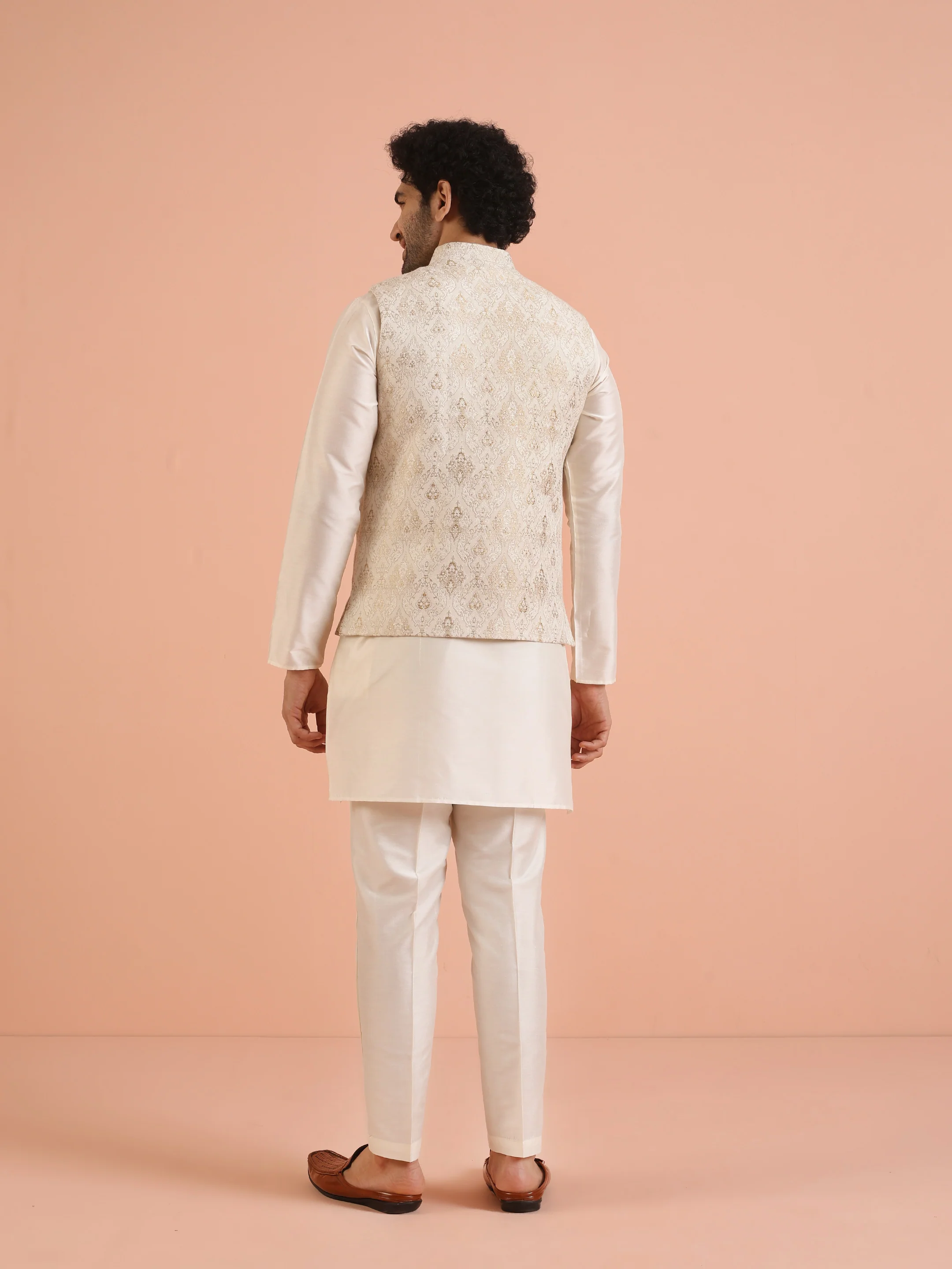 Cream Ethnic Motif Jacket Kurta Trouser Set - Image 4