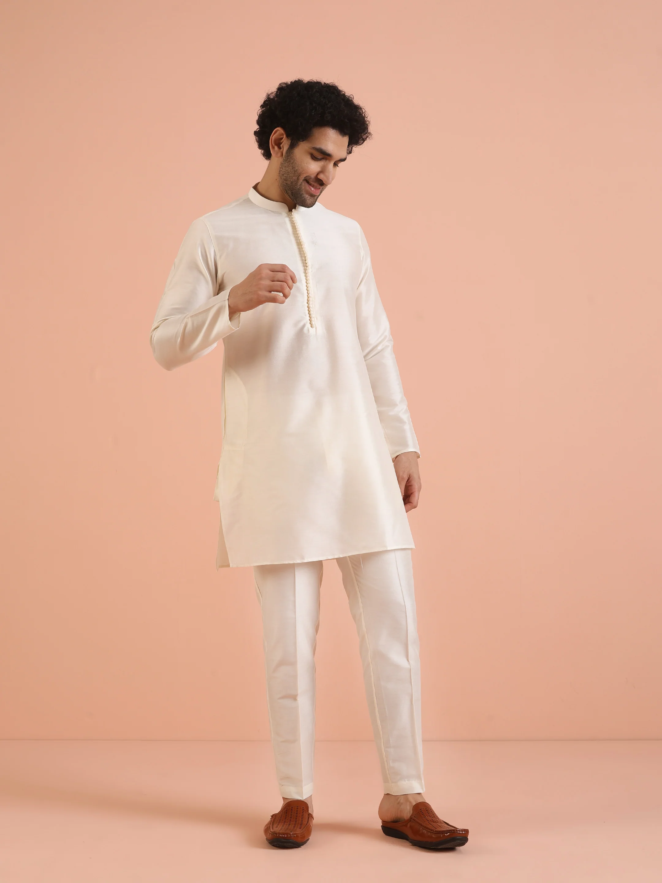 Cream Ethnic Motif Jacket Kurta Trouser Set - Image 7