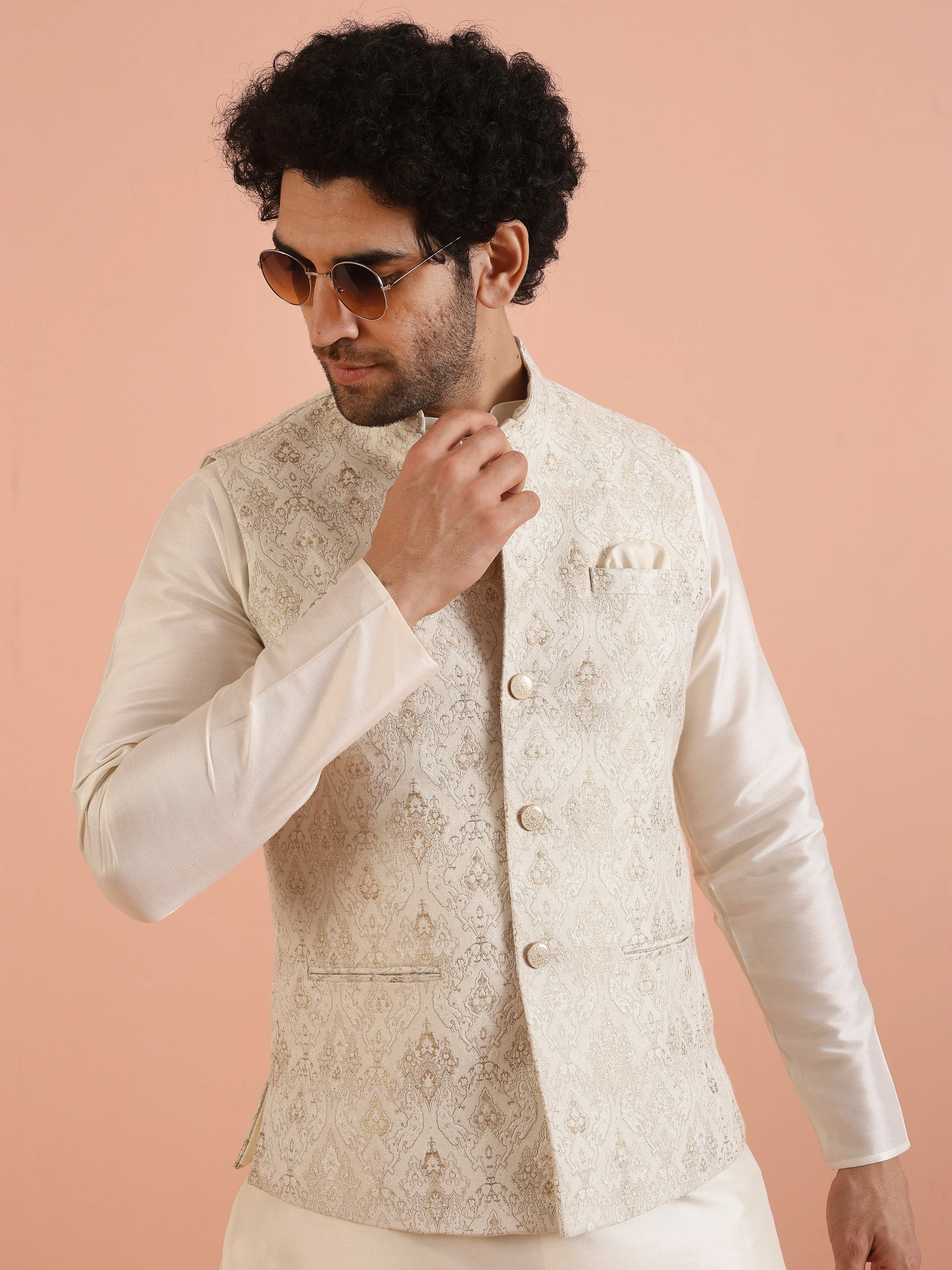 Cream Ethnic Motif Jacket Kurta Trouser Set - Image 8