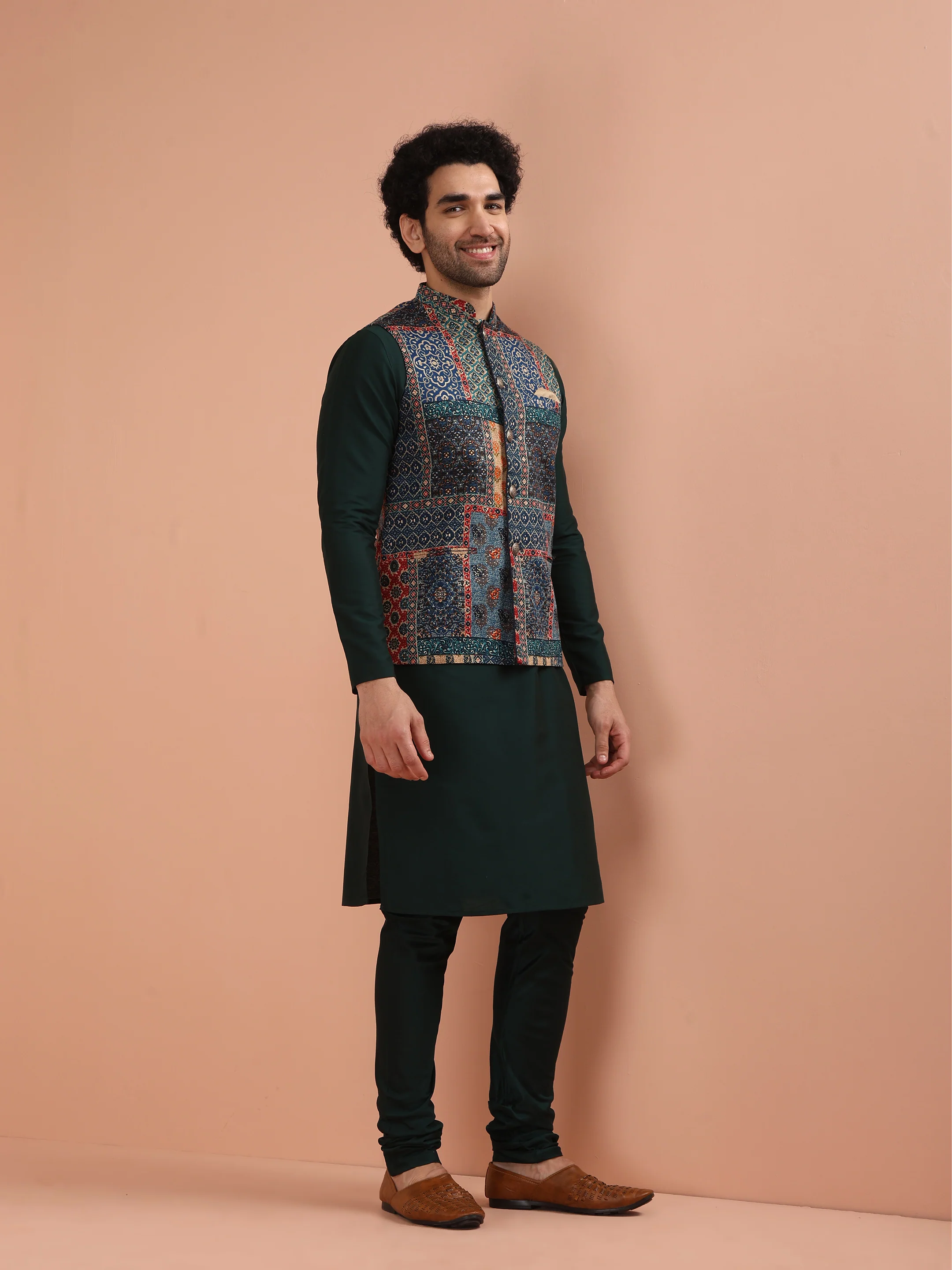 Multicolor Art Silk Printed Nehru Jacket Bundi with Kurta Churidar - Image 3
