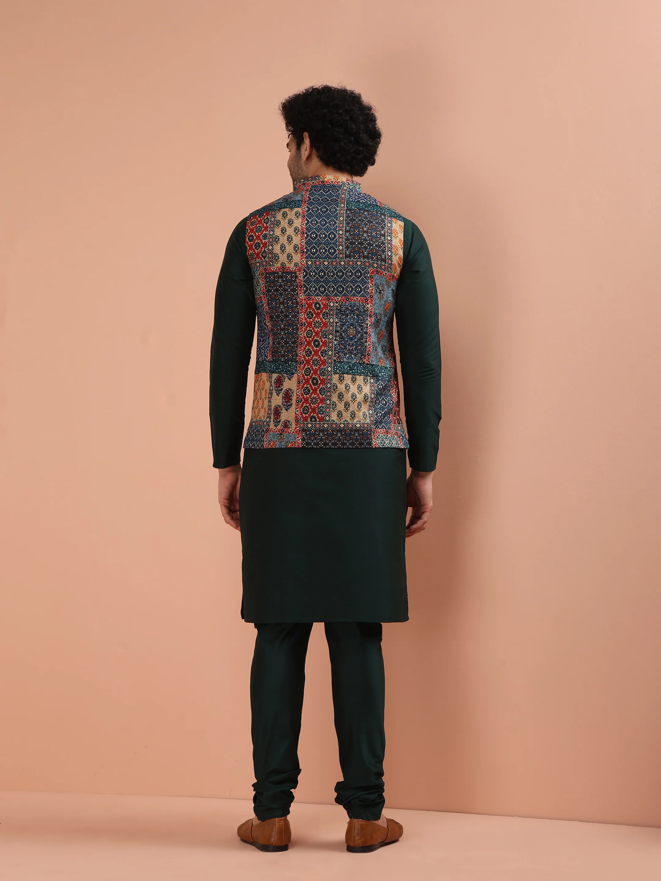 Multicolor Art Silk Printed Nehru Jacket Bundi with Kurta Churidar - Image 4