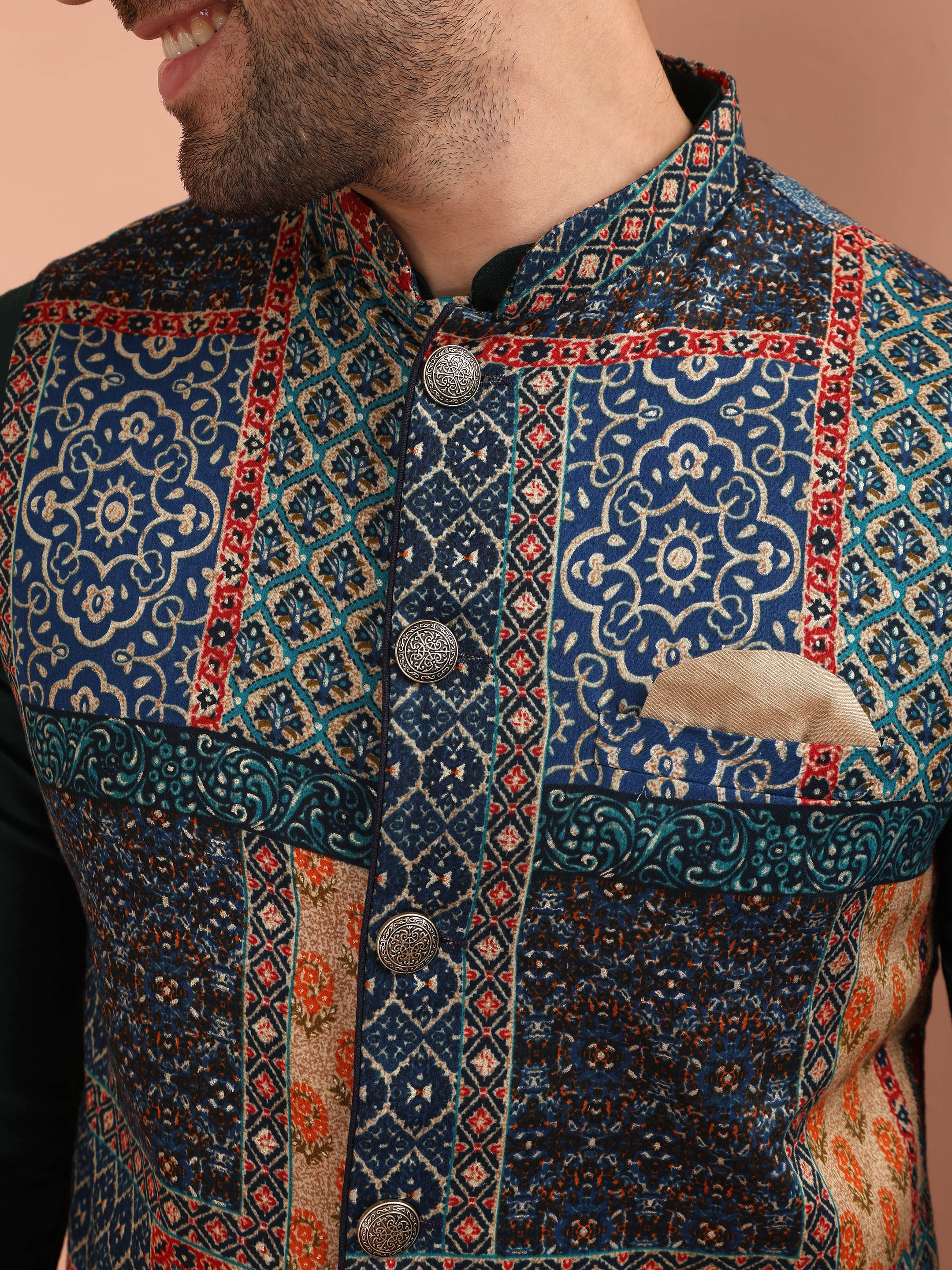 Multicolor Art Silk Printed Nehru Jacket Bundi with Kurta Churidar - Image 5