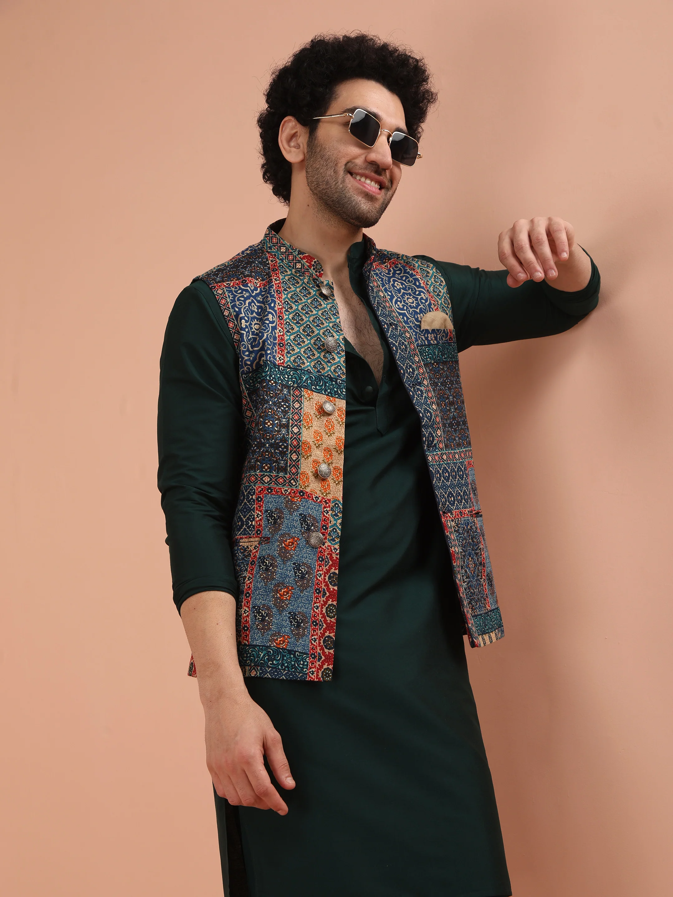 Multicolor Art Silk Printed Nehru Jacket Bundi with Kurta Churidar - Image 8