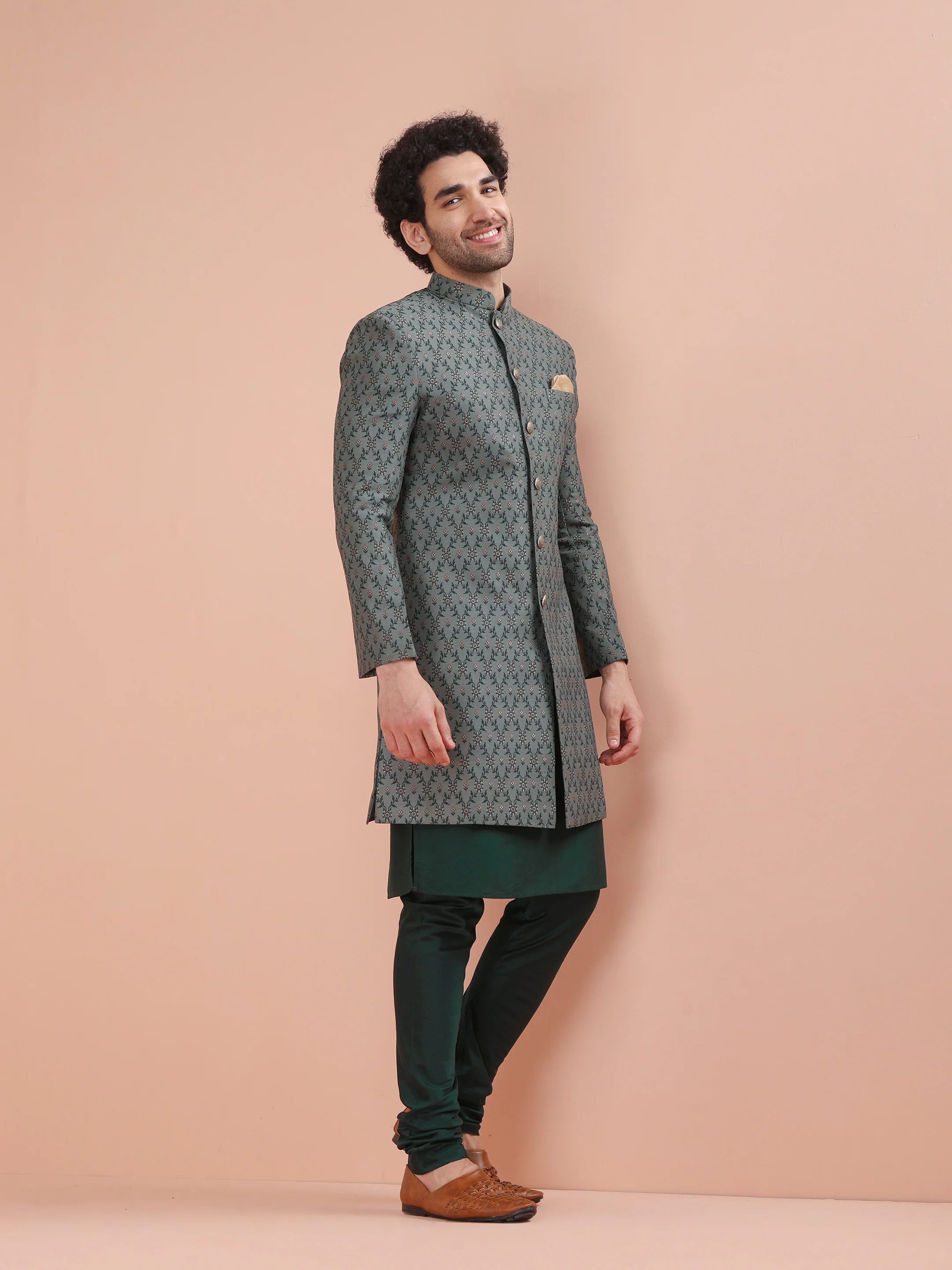 Grey Art Silk Embroidered Sherwani Achkan Set - Image 2