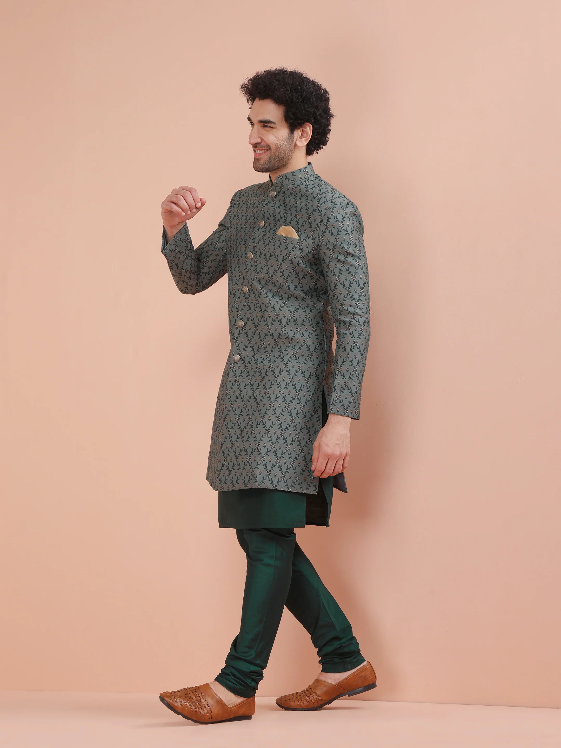 Grey Art Silk Embroidered Sherwani Achkan Set - Image 3