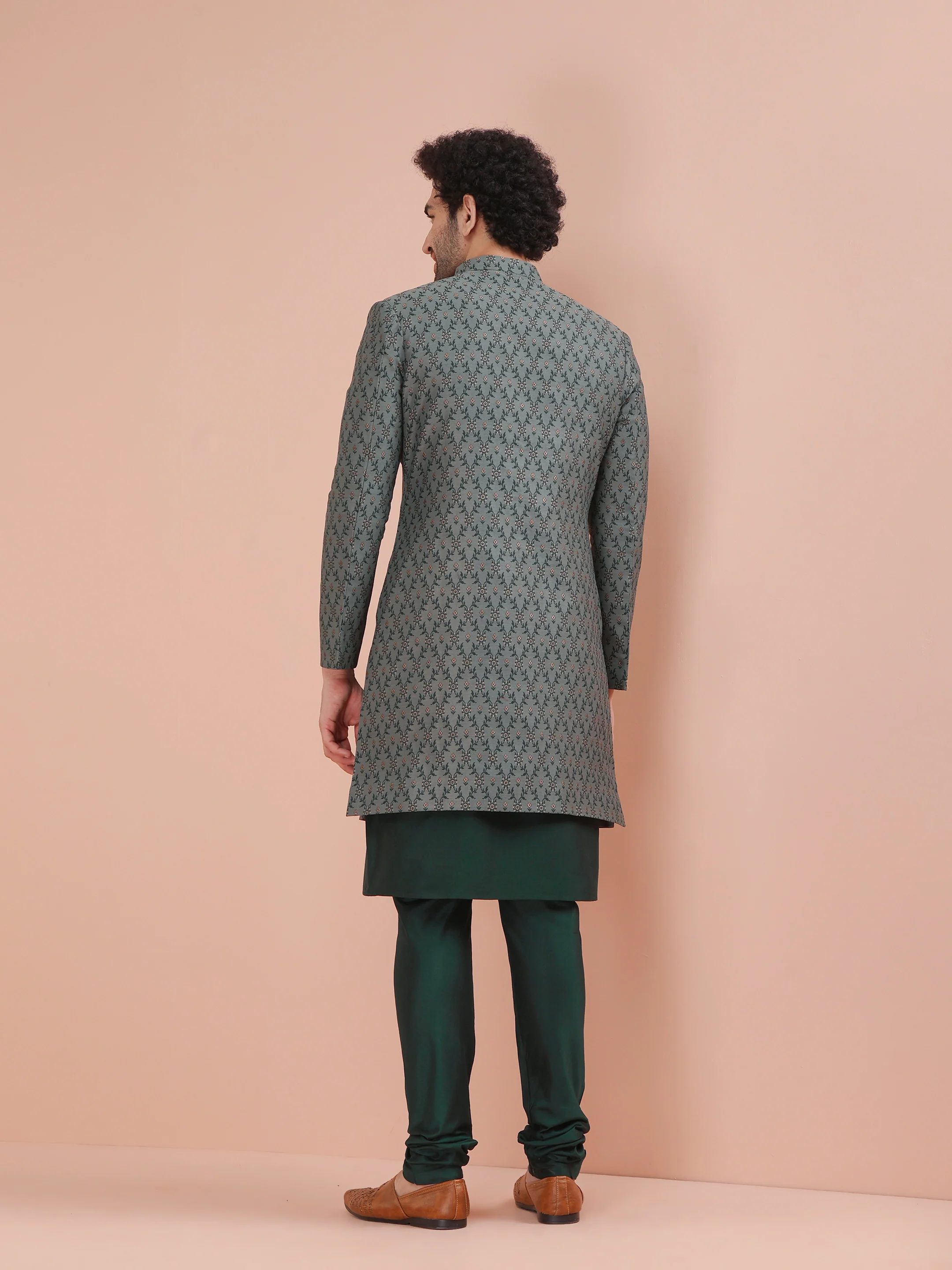 Grey Art Silk Embroidered Sherwani Achkan Set - Image 4