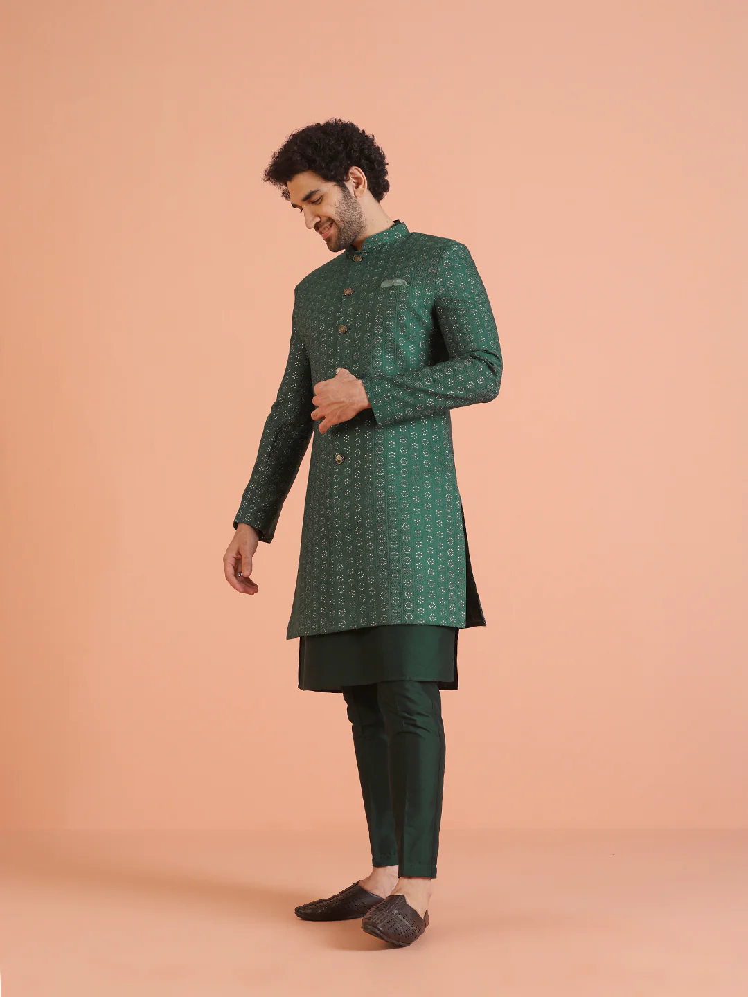 Men Green Jacquard Geometric Kurta Indowestern Trouser Set - Image 3