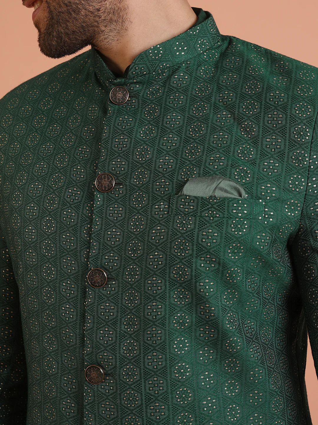 Men Green Jacquard Geometric Kurta Indowestern Trouser Set - Image 5