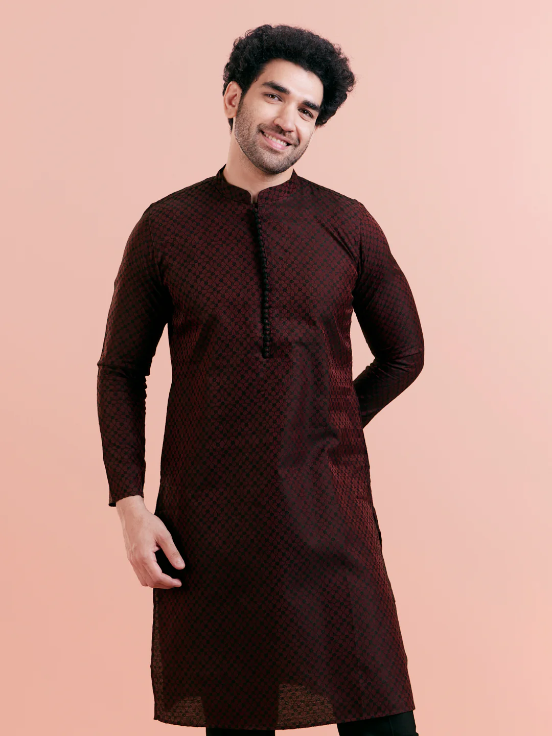 Maroon Textured Kurta Trouser Set - Image 5
