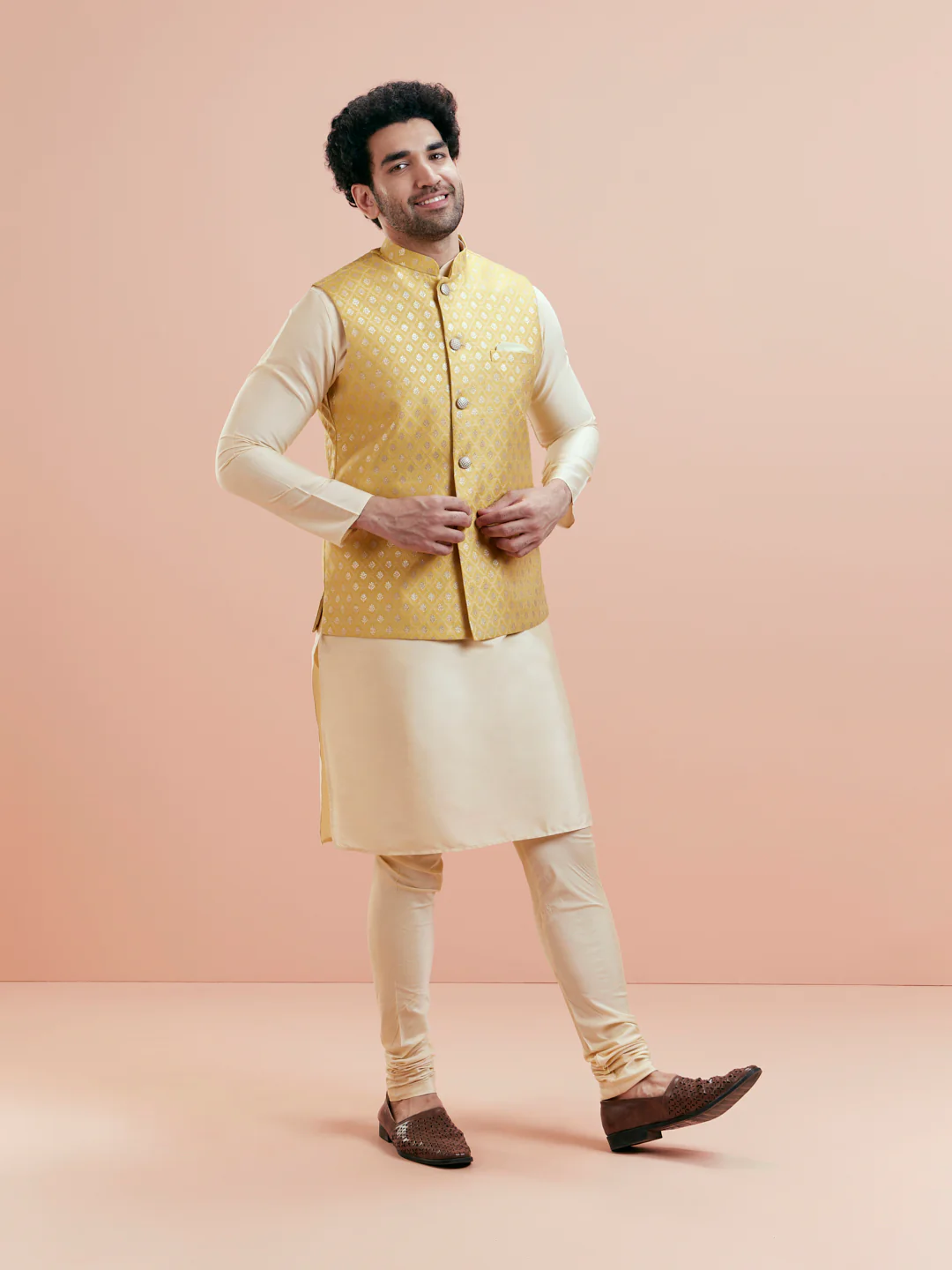 Cream Silk Blend Yellow Textured Nehru Jacket Kurta Set