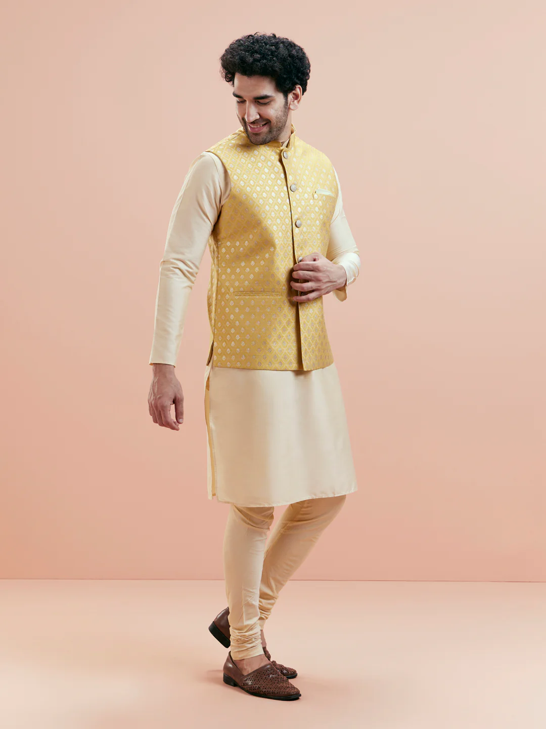 Cream Silk Blend Yellow Textured Nehru Jacket Kurta Set - Image 4