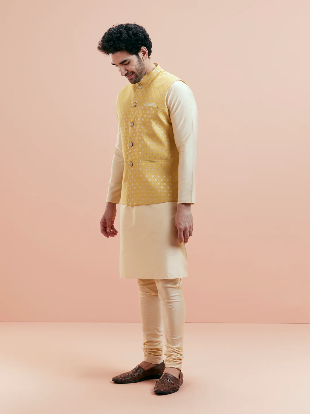Cream Silk Blend Yellow Textured Nehru Jacket Kurta Set - Image 5