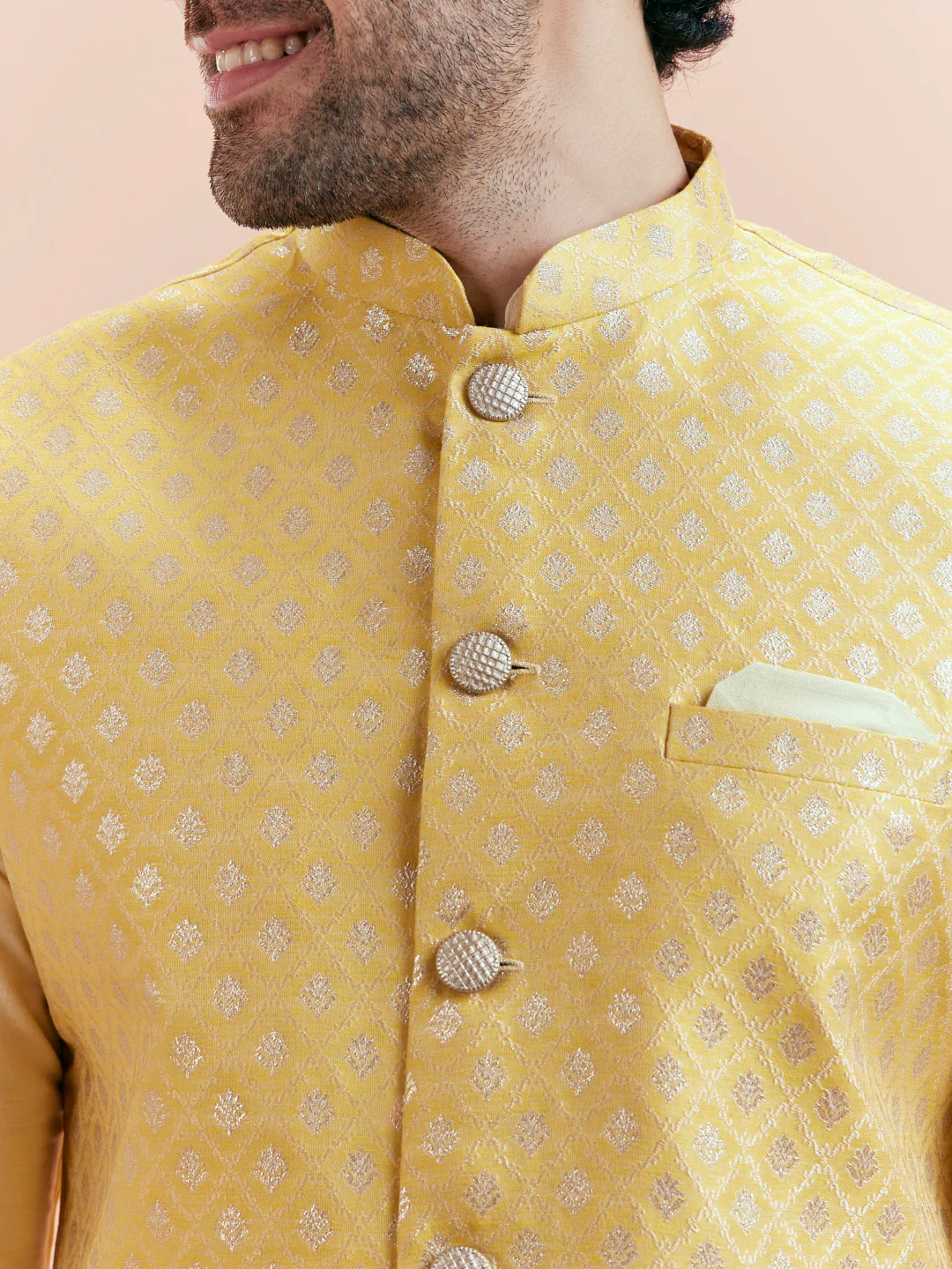 Cream Silk Blend Yellow Textured Nehru Jacket Kurta Set - Image 6