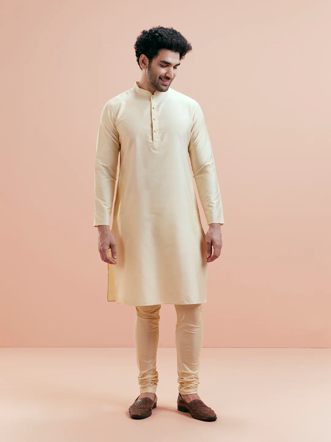 Cream Silk Blend Yellow Textured Nehru Jacket Kurta Set - Image 8