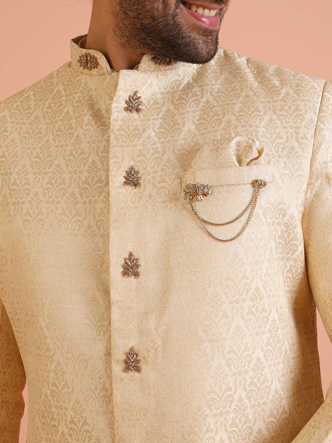 Men Cream Jacquard Ethnic Motifs Kurta Indowestern Trouser Set - Image 4