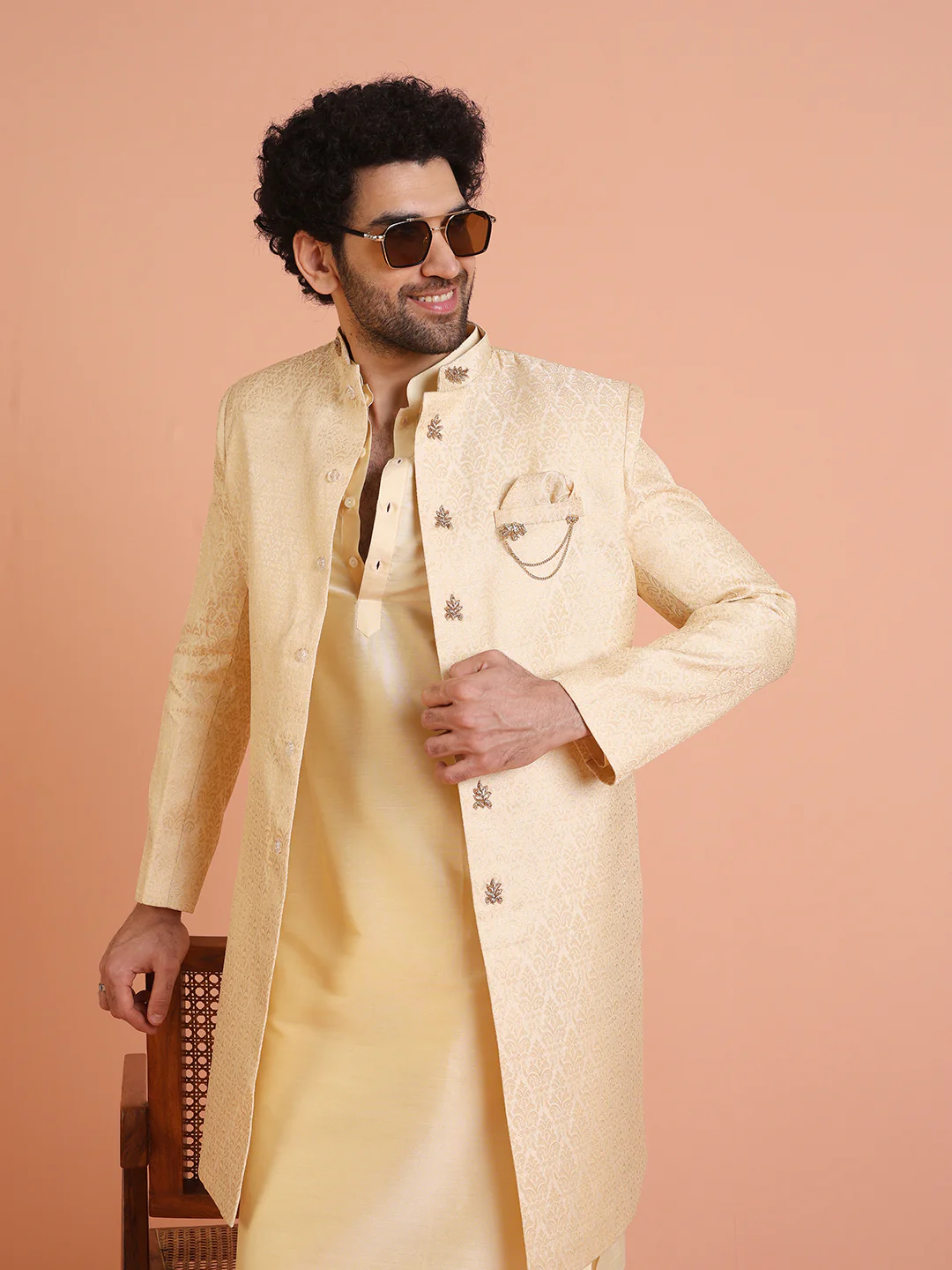 Men Cream Jacquard Ethnic Motifs Kurta Indowestern Trouser Set - Image 7