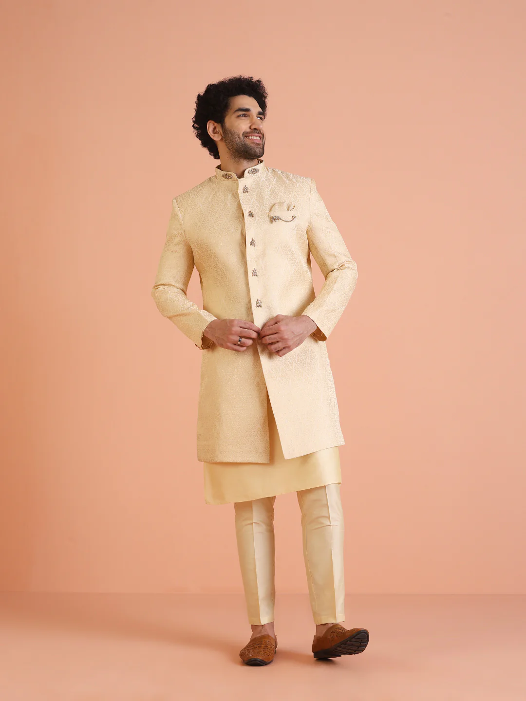 Men Cream Jacquard Ethnic Motifs Kurta Indowestern Trouser Set - Image 9