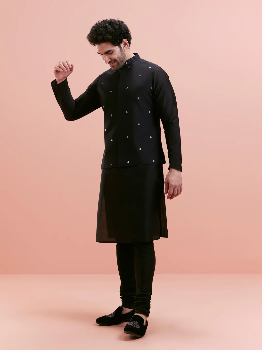Black Silk Blend Embroidered Nehru Jacket Kurta Set - Image 3