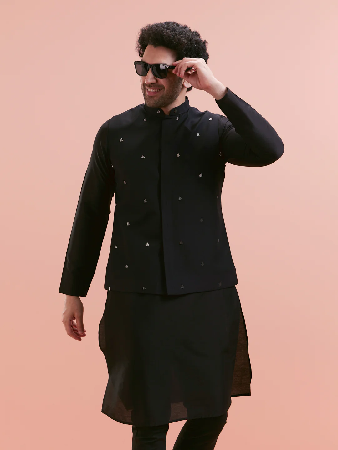 Black Silk Blend Embroidered Nehru Jacket Kurta Set - Image 4