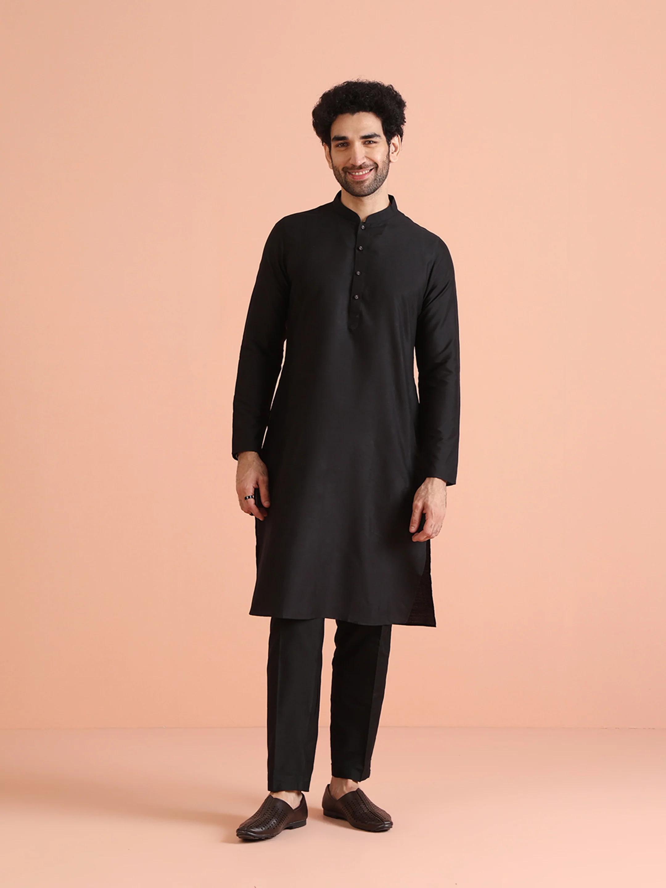 Black Cotton Plain Kurta - Image 2