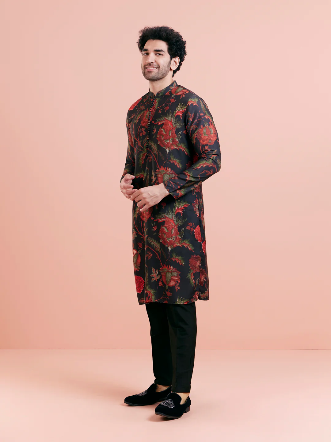 Black Silk Blend Kurta Set with Multicolor Floral Prints and Black Trousers for Festive & Wedding - Image 3