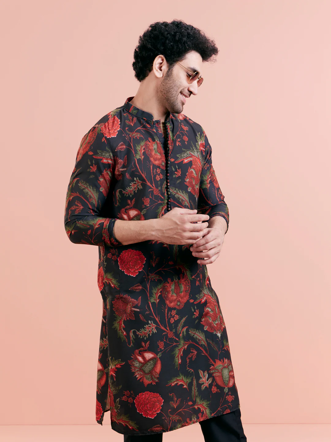 Black Silk Blend Kurta Set with Multicolor Floral Prints and Black Trousers for Festive & Wedding - Image 6
