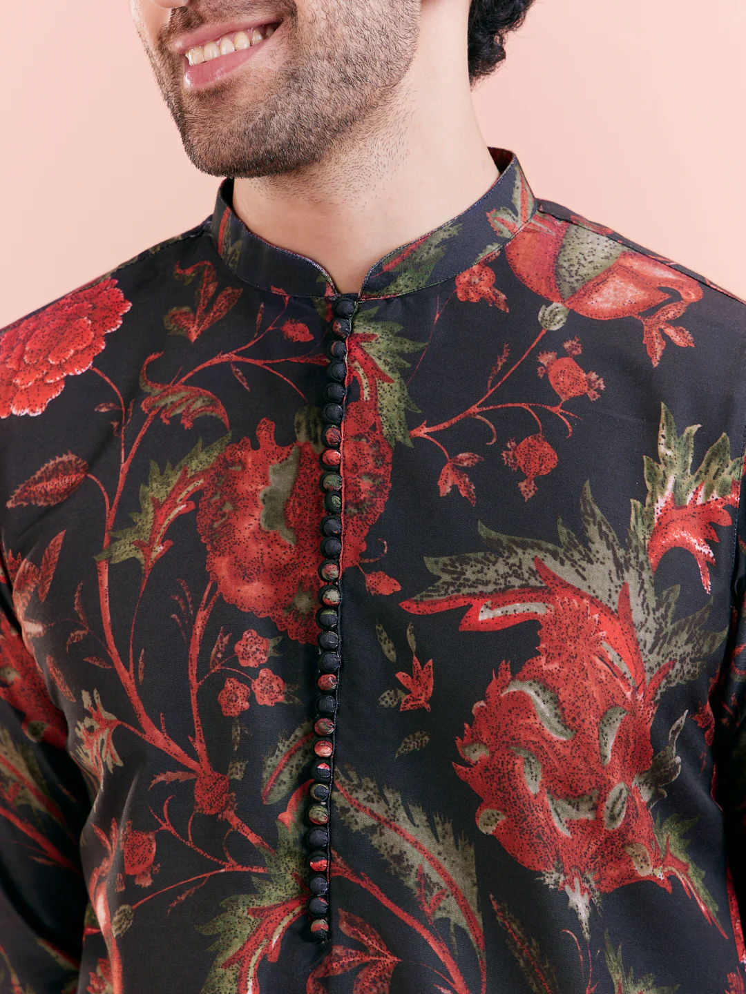 Black Silk Blend Kurta Set with Multicolor Floral Prints and Black Trousers for Festive & Wedding - Image 8