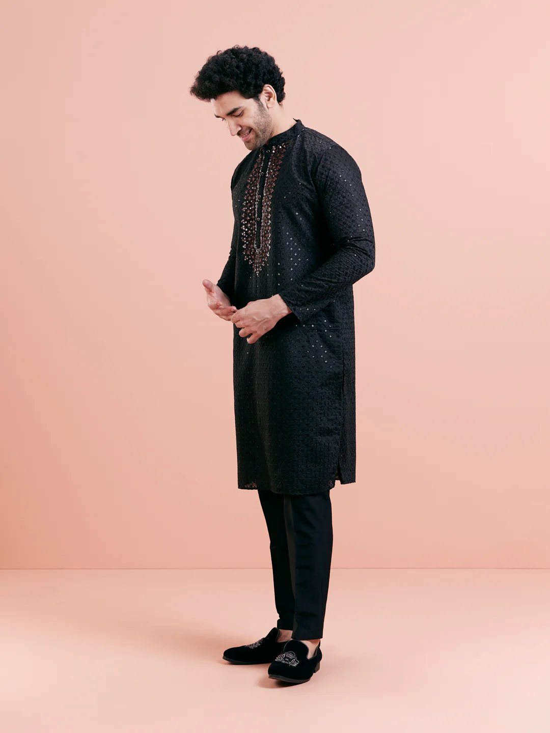 Black Silk Blend Embroidered Long Kurta set - Image 2