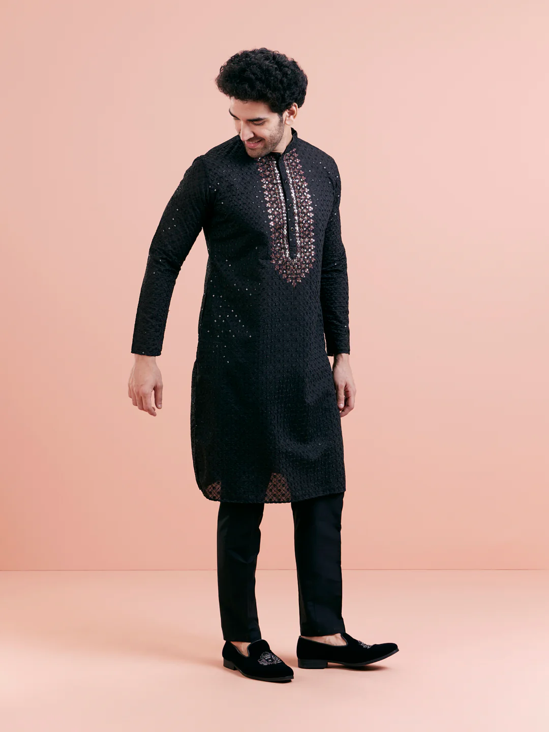 Black Silk Blend Embroidered Long Kurta set - Image 3