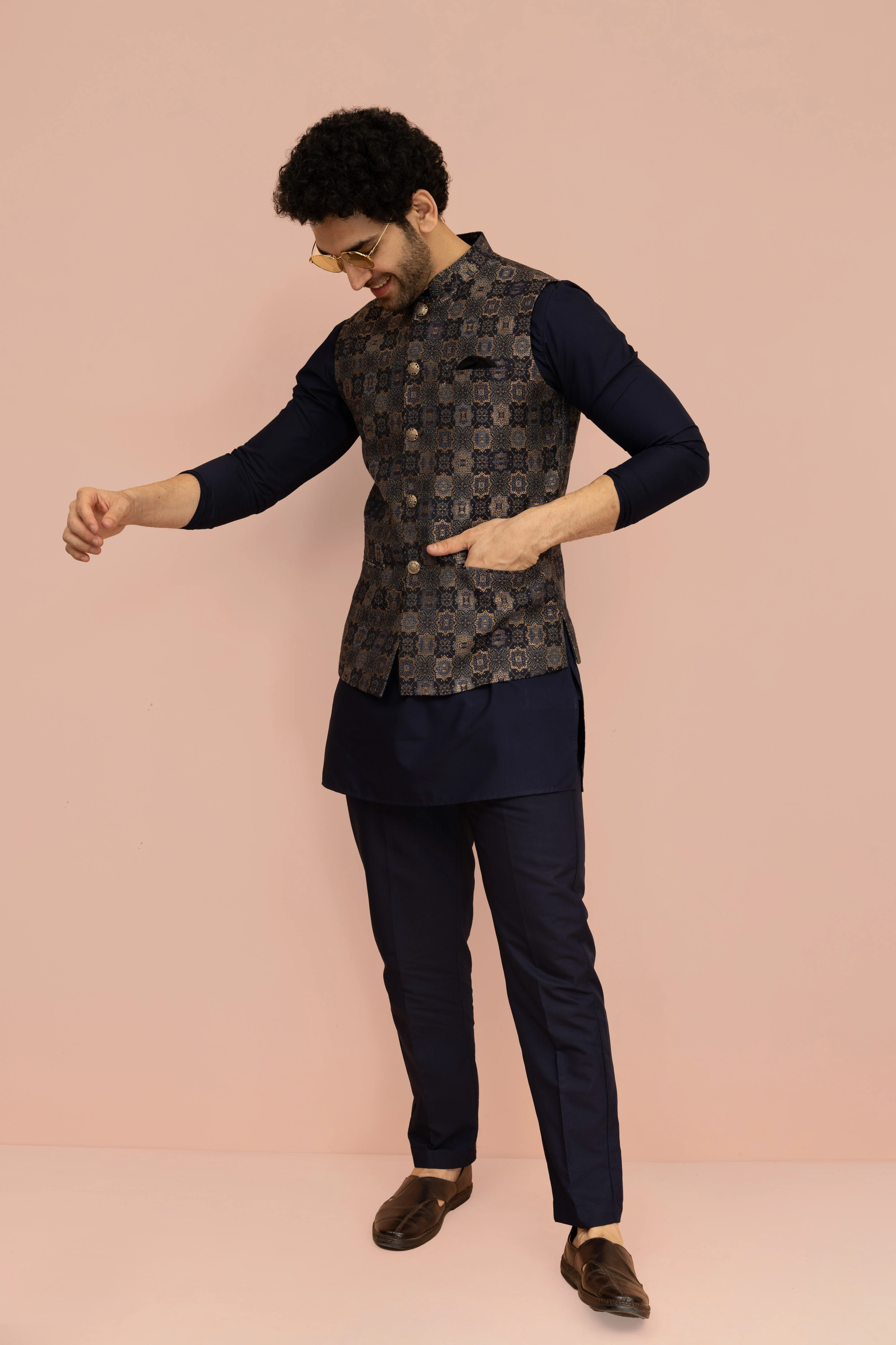 Navy Blue Geometric Nehru Jacket Kurta Set - Image 2