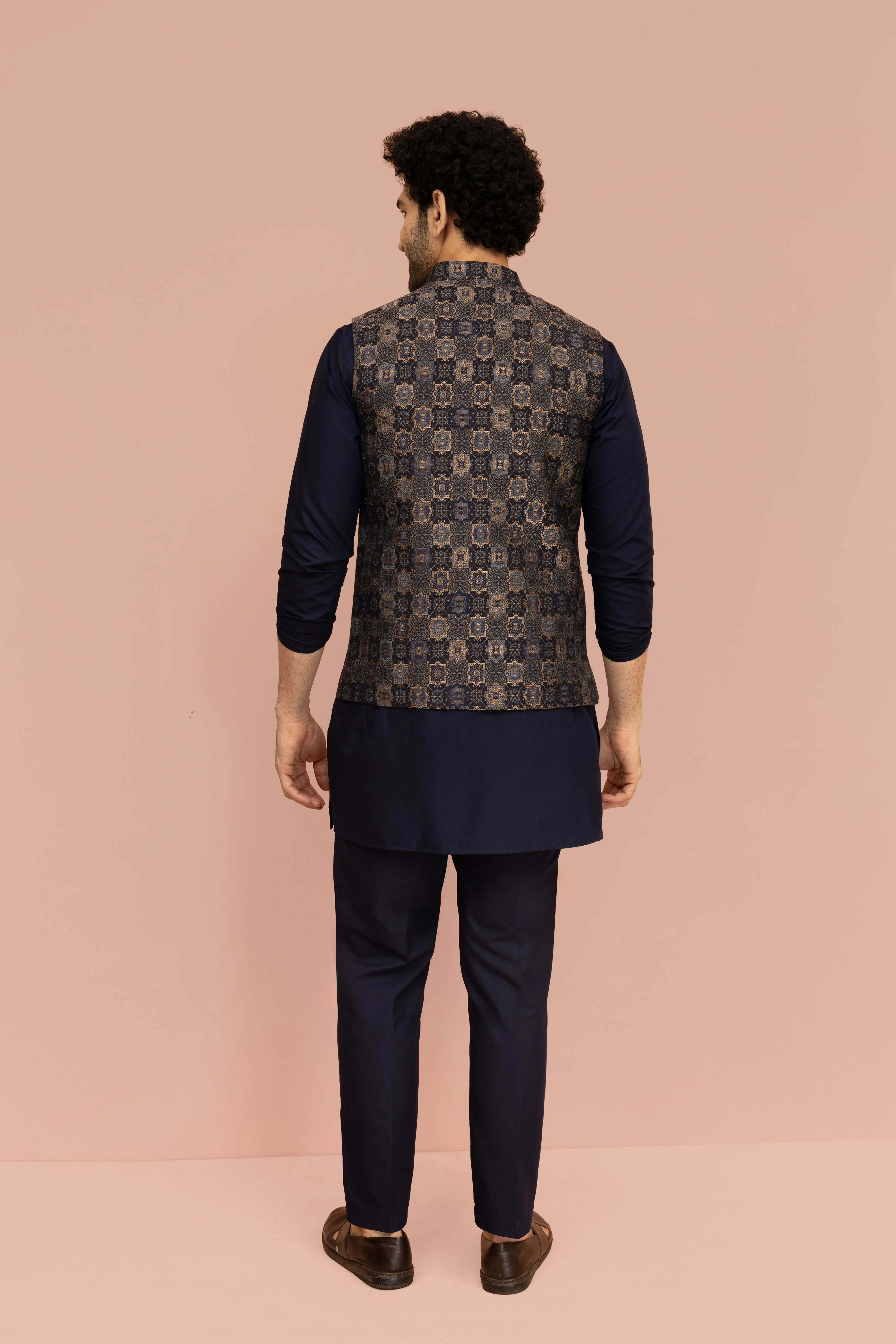 Navy Blue Geometric Nehru Jacket Kurta Set - Image 4