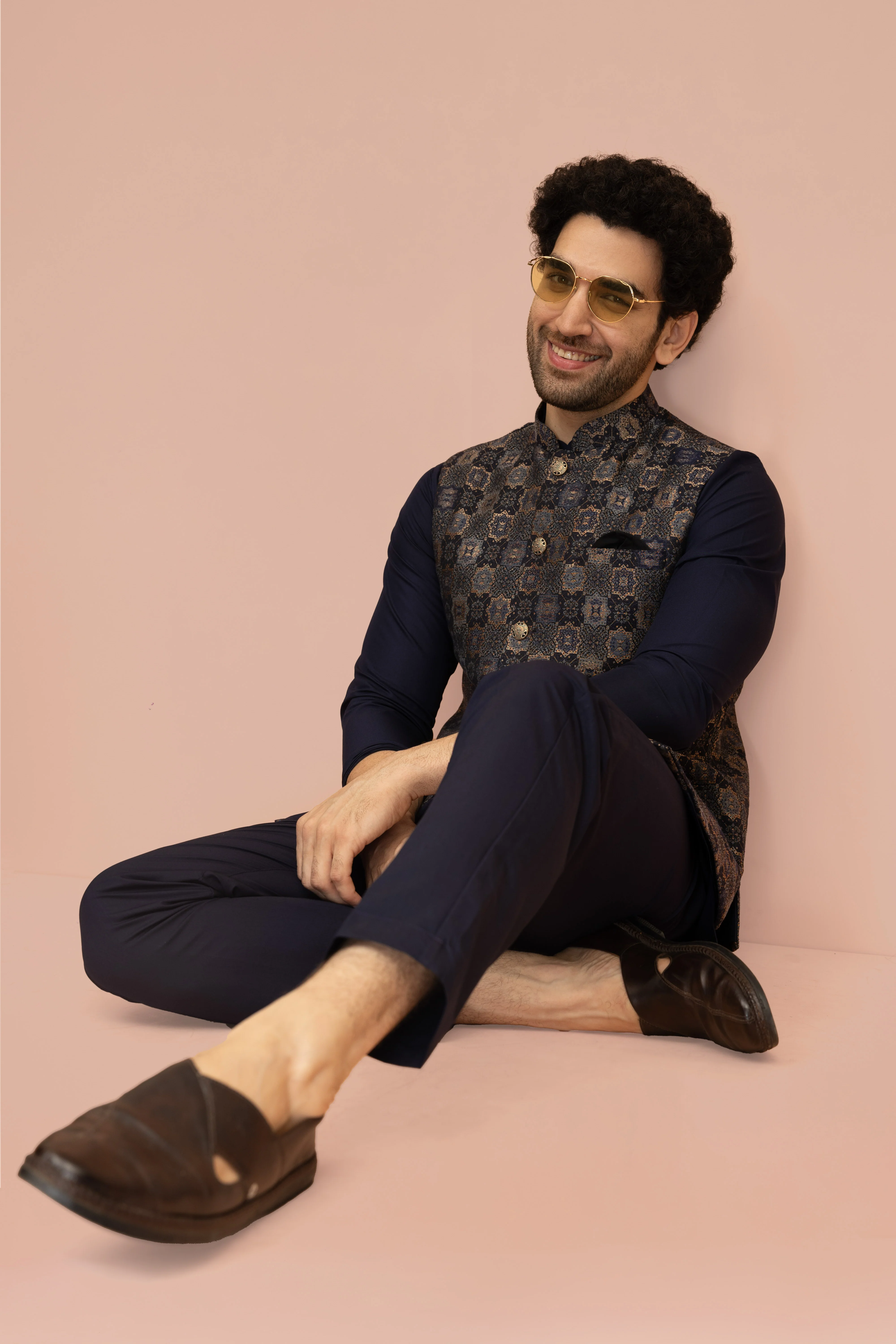 Navy Blue Geometric Nehru Jacket Kurta Set - Image 7