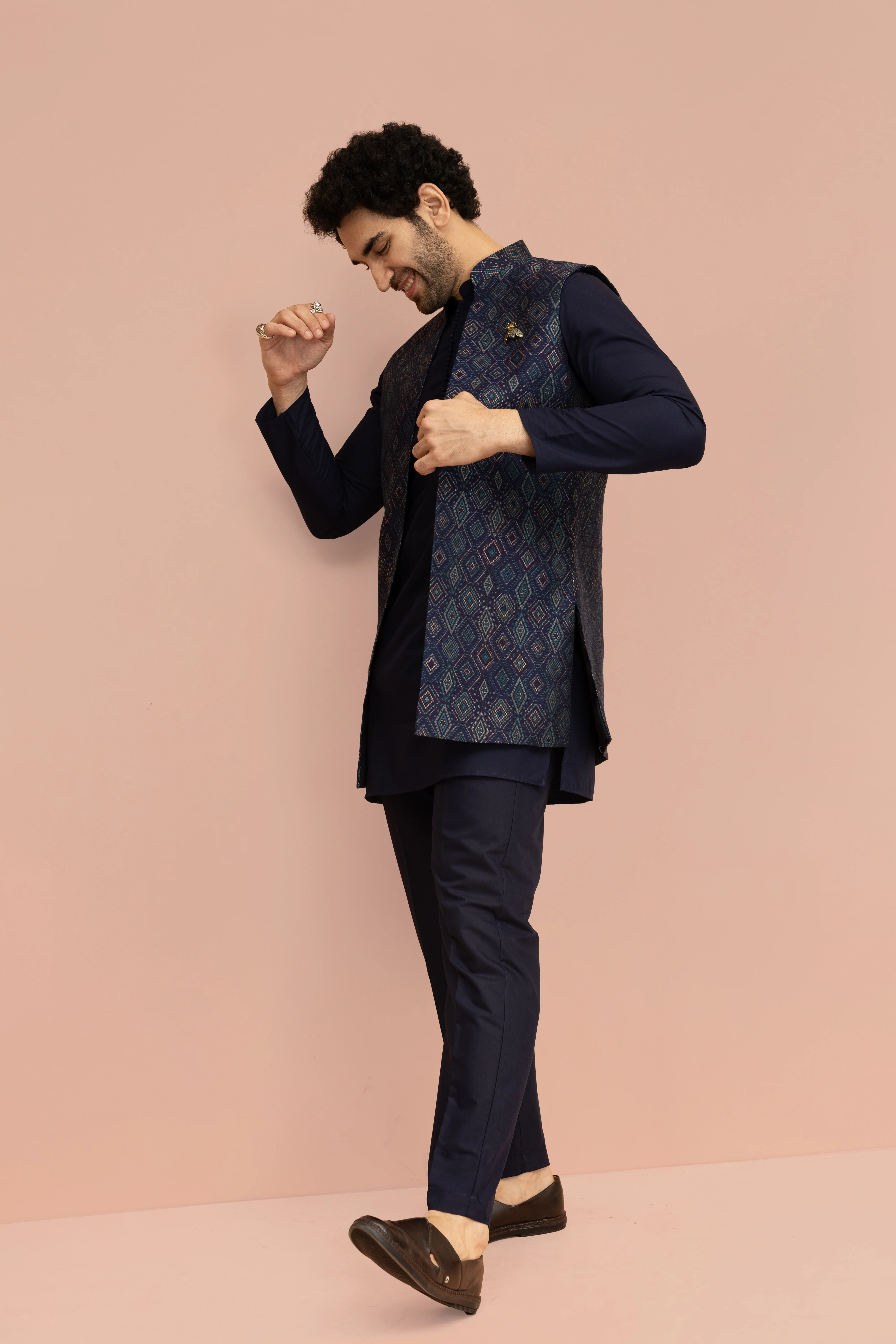 Navy Blue Cotton Silk Geometric Nehru Jacket Kurta Trouser - Image 2