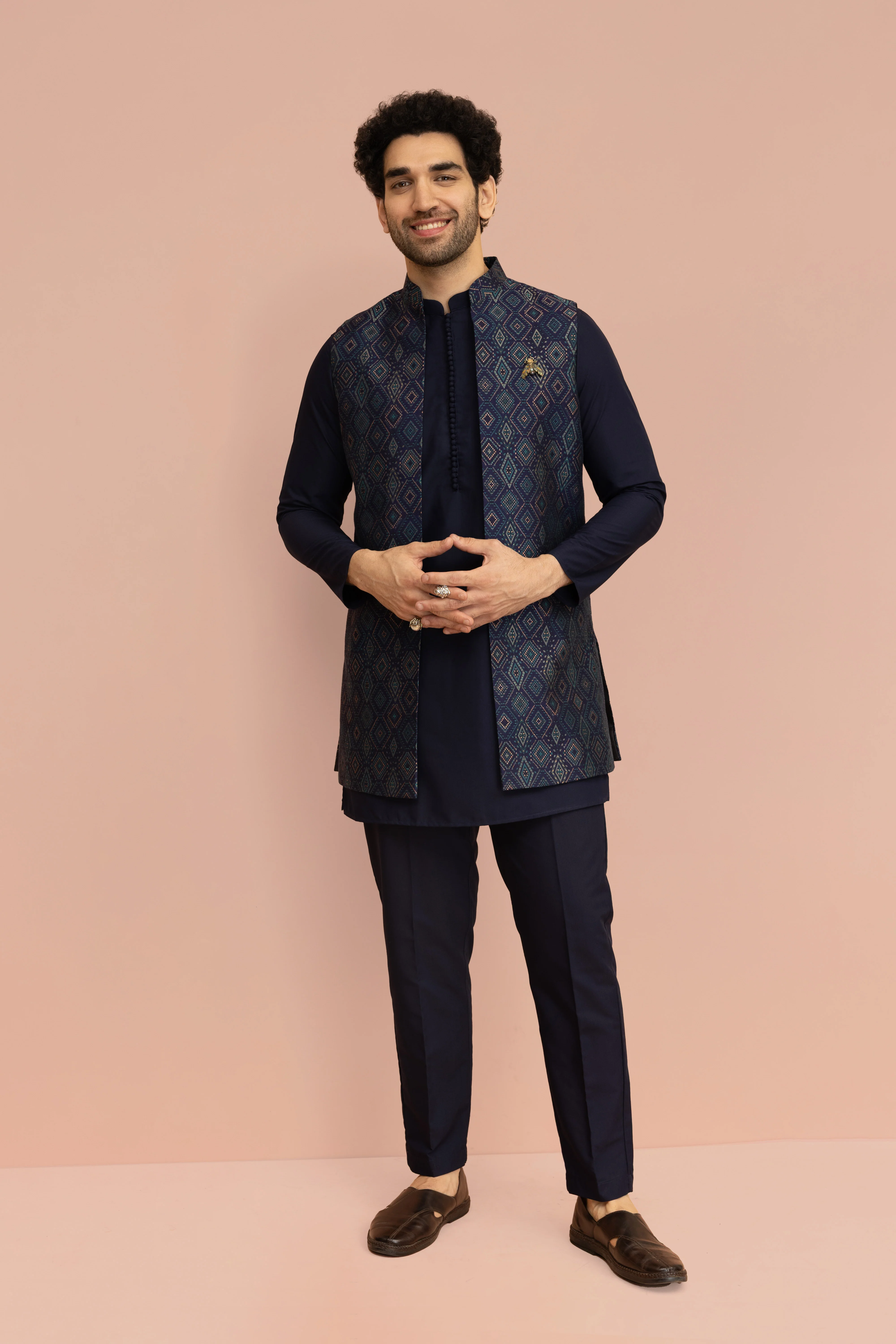 Navy Blue Cotton Silk Geometric Nehru Jacket Kurta Trouser - Image 3