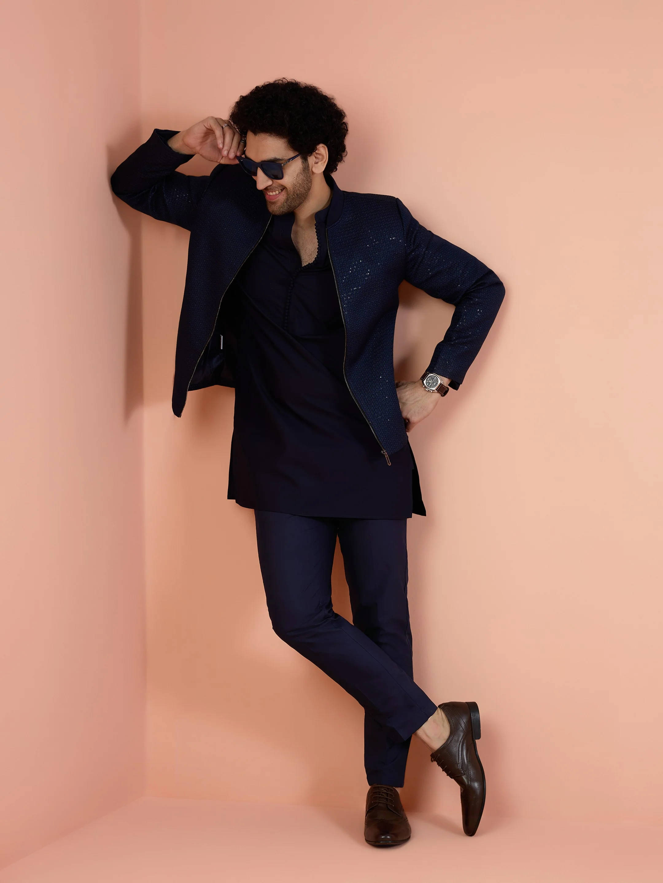 Men Navy Blue Woven Design Kurta Bomber Jacket Trouser Set with Sequence - Image 2