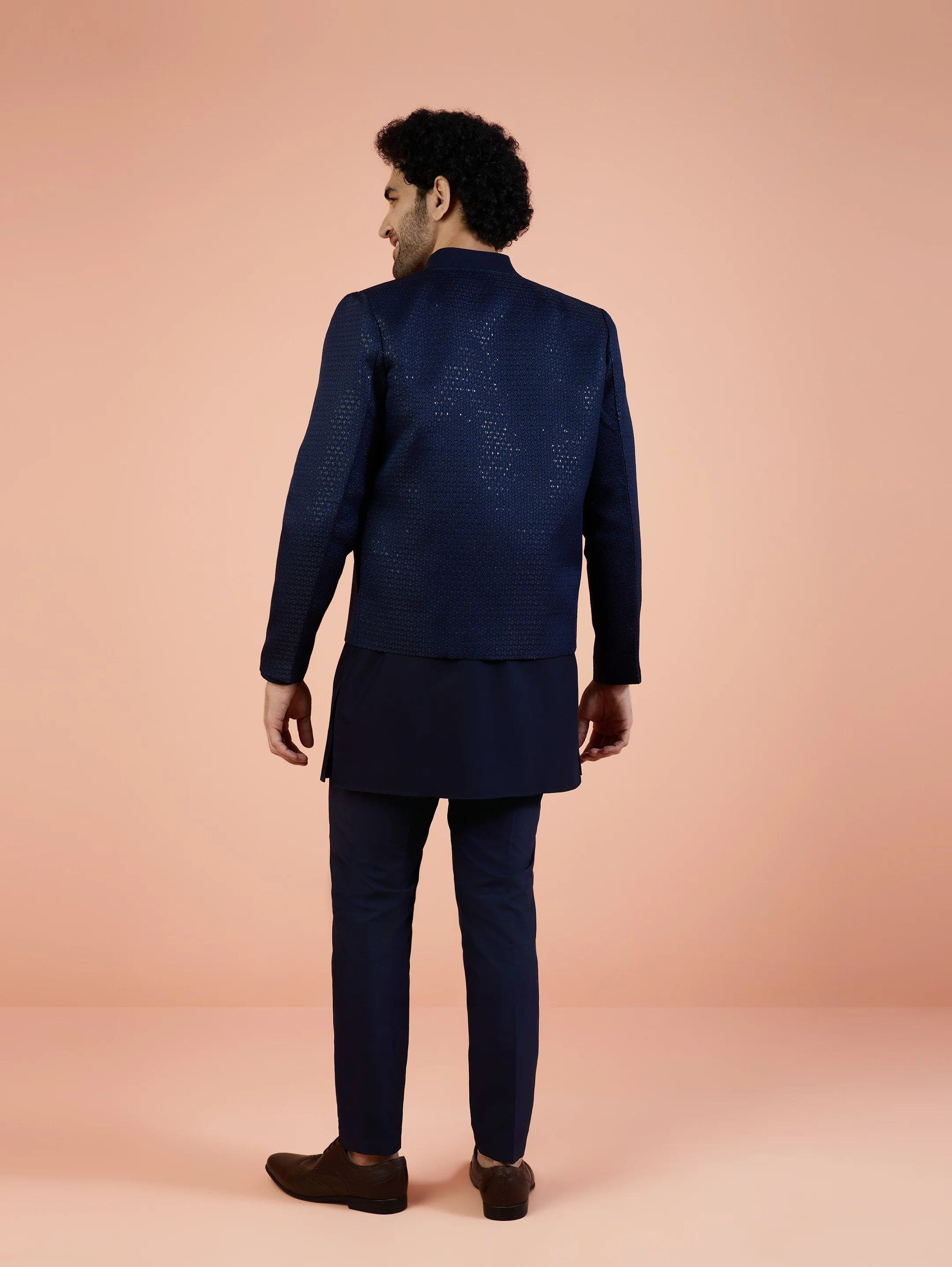 Men Navy Blue Woven Design Kurta Bomber Jacket Trouser Set with Sequence - Image 5