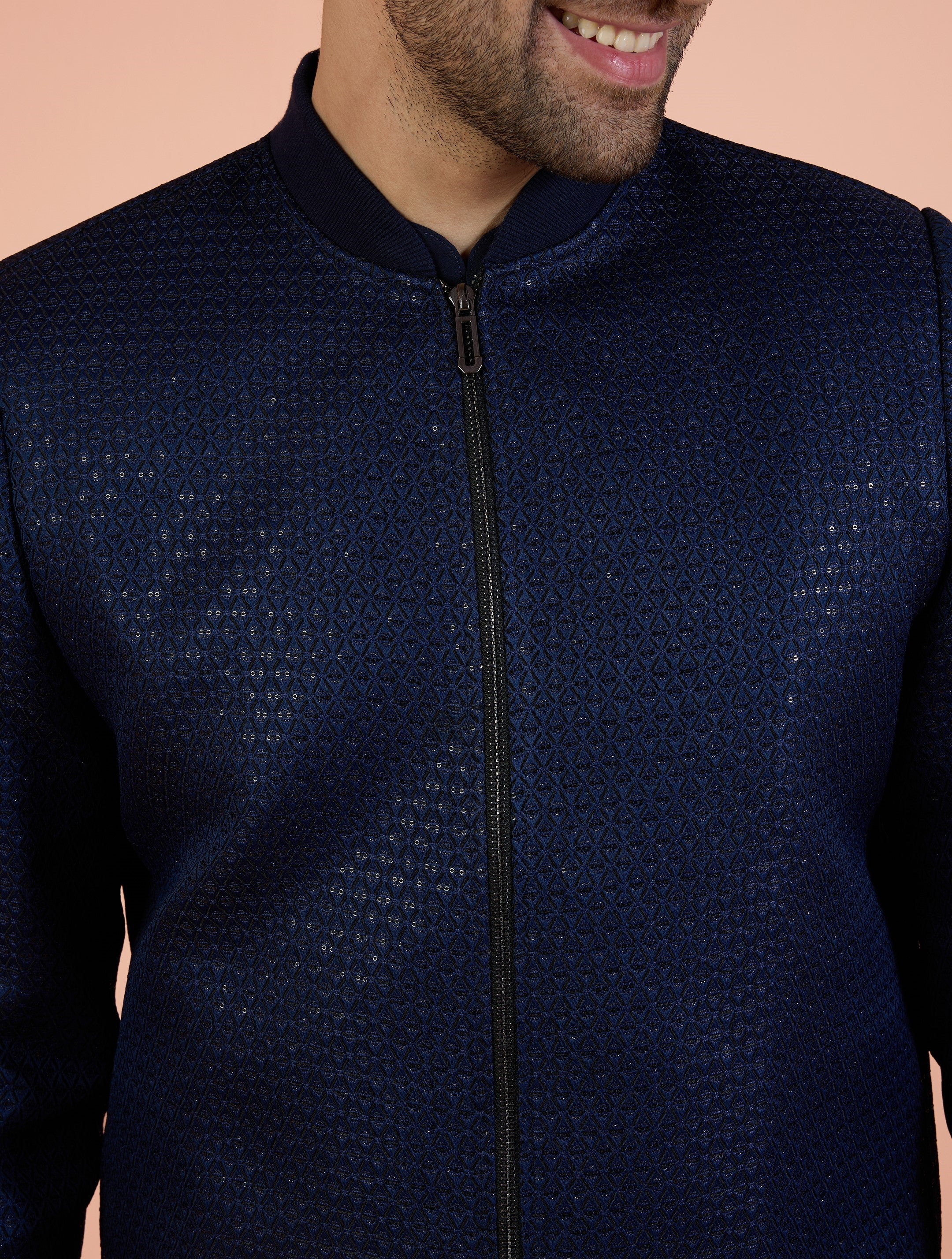 Men Navy Blue Woven Design Kurta Bomber Jacket Trouser Set with Sequence - Image 6