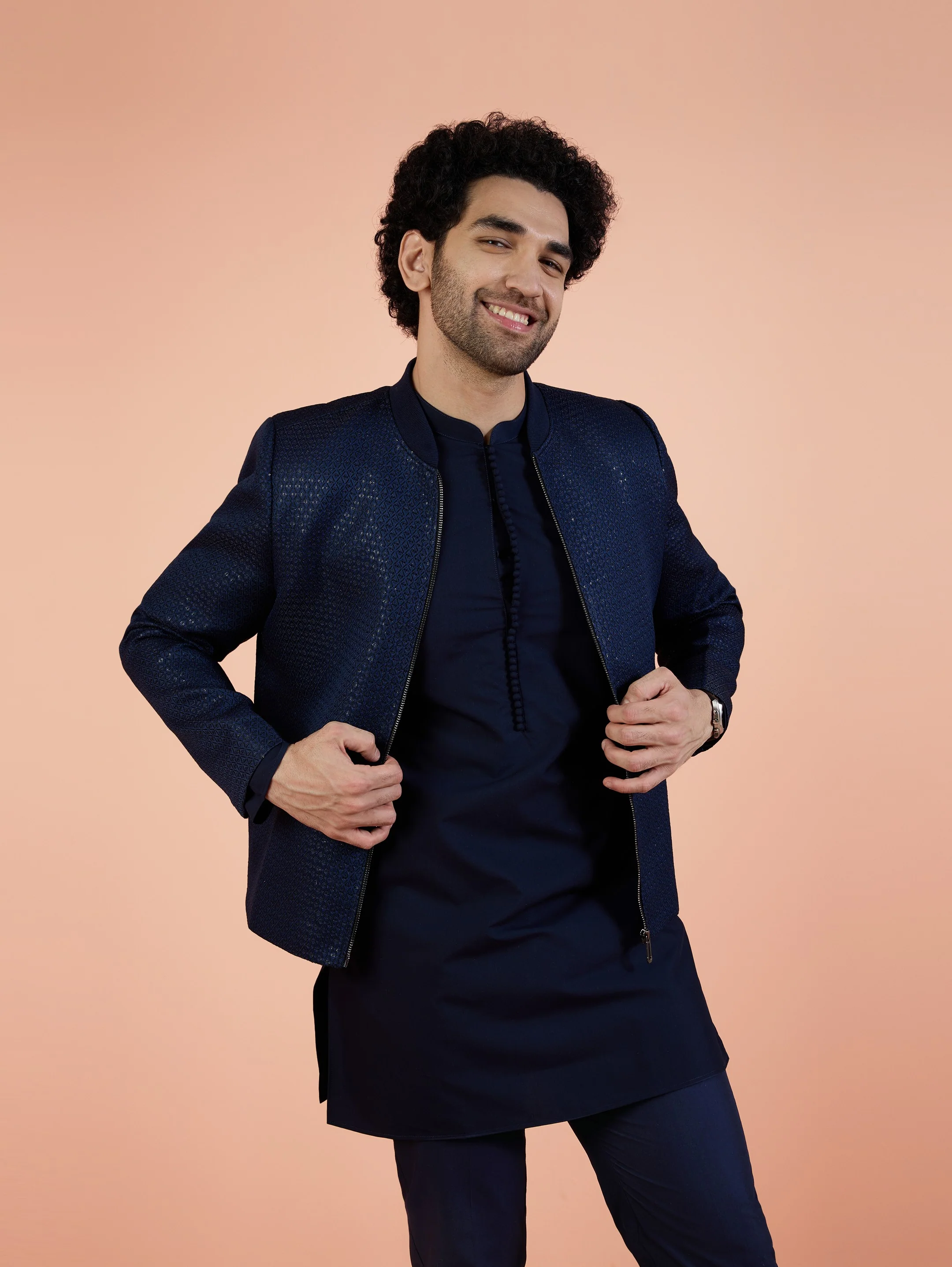 Men Navy Blue Woven Design Kurta Bomber Jacket Trouser Set with Sequence - Image 8