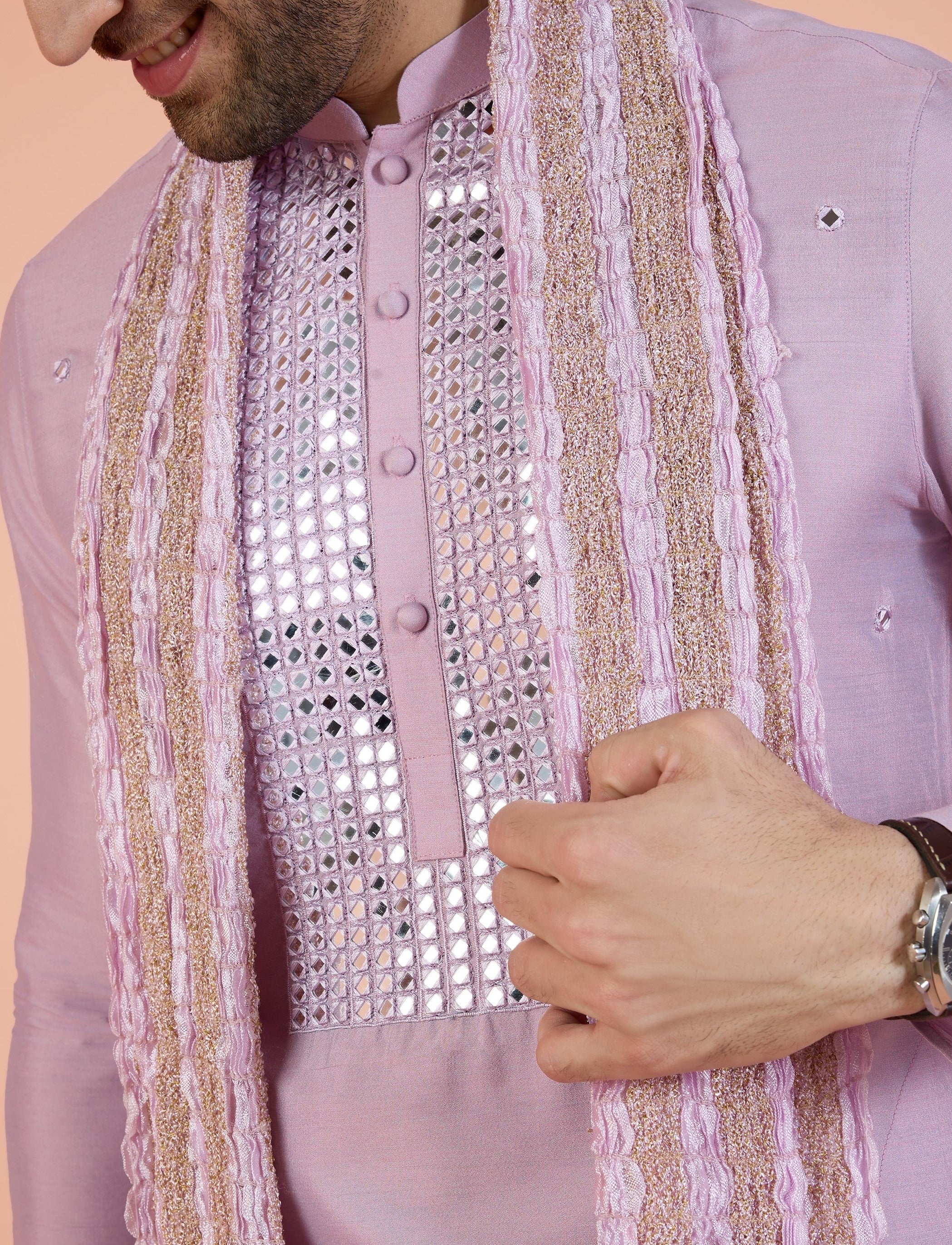 Lilac Silk Mirror Work Kurta Churidar Dupatta - Image 6