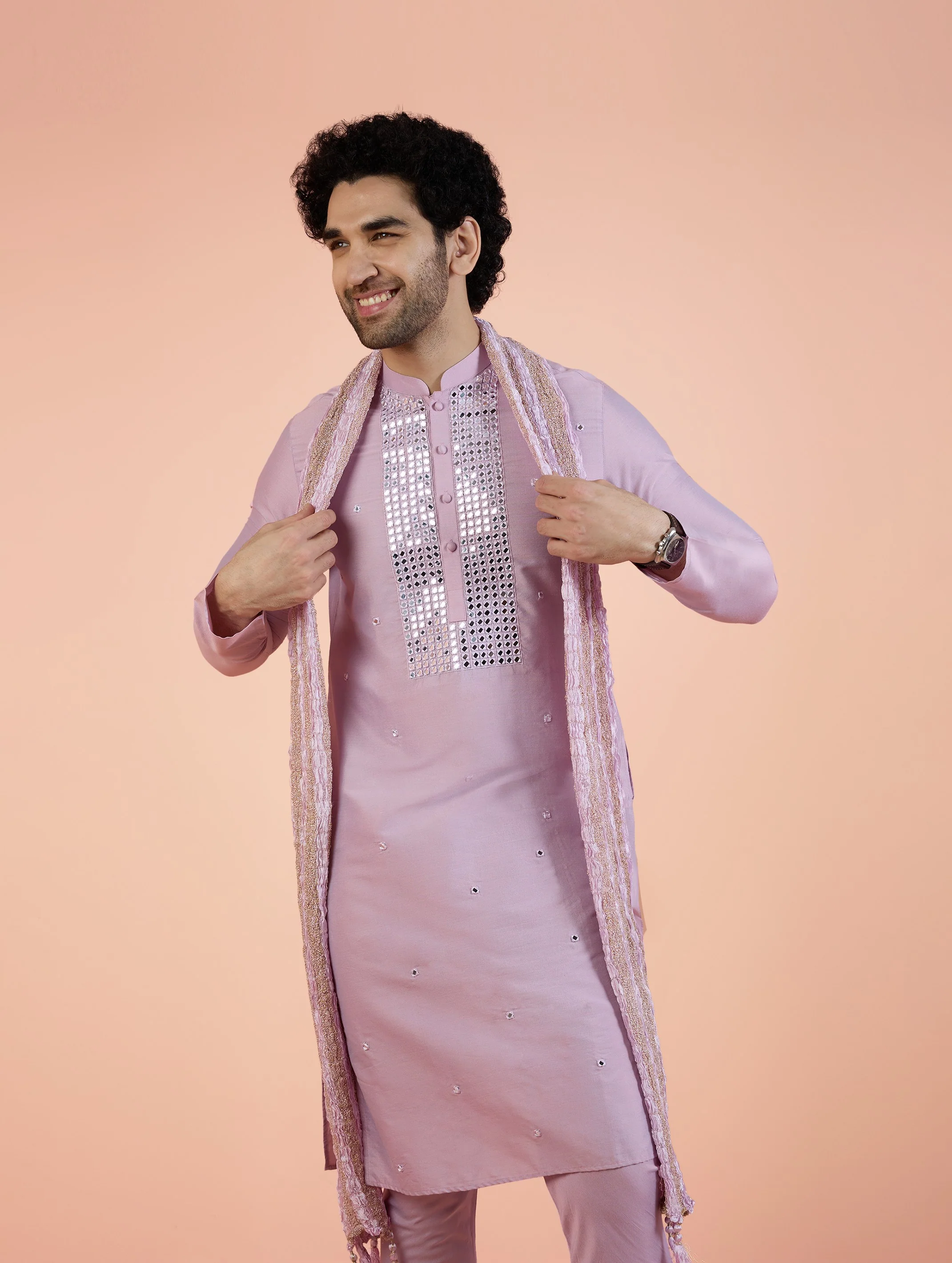 Lilac Silk Mirror Work Kurta Churidar Dupatta - Image 8