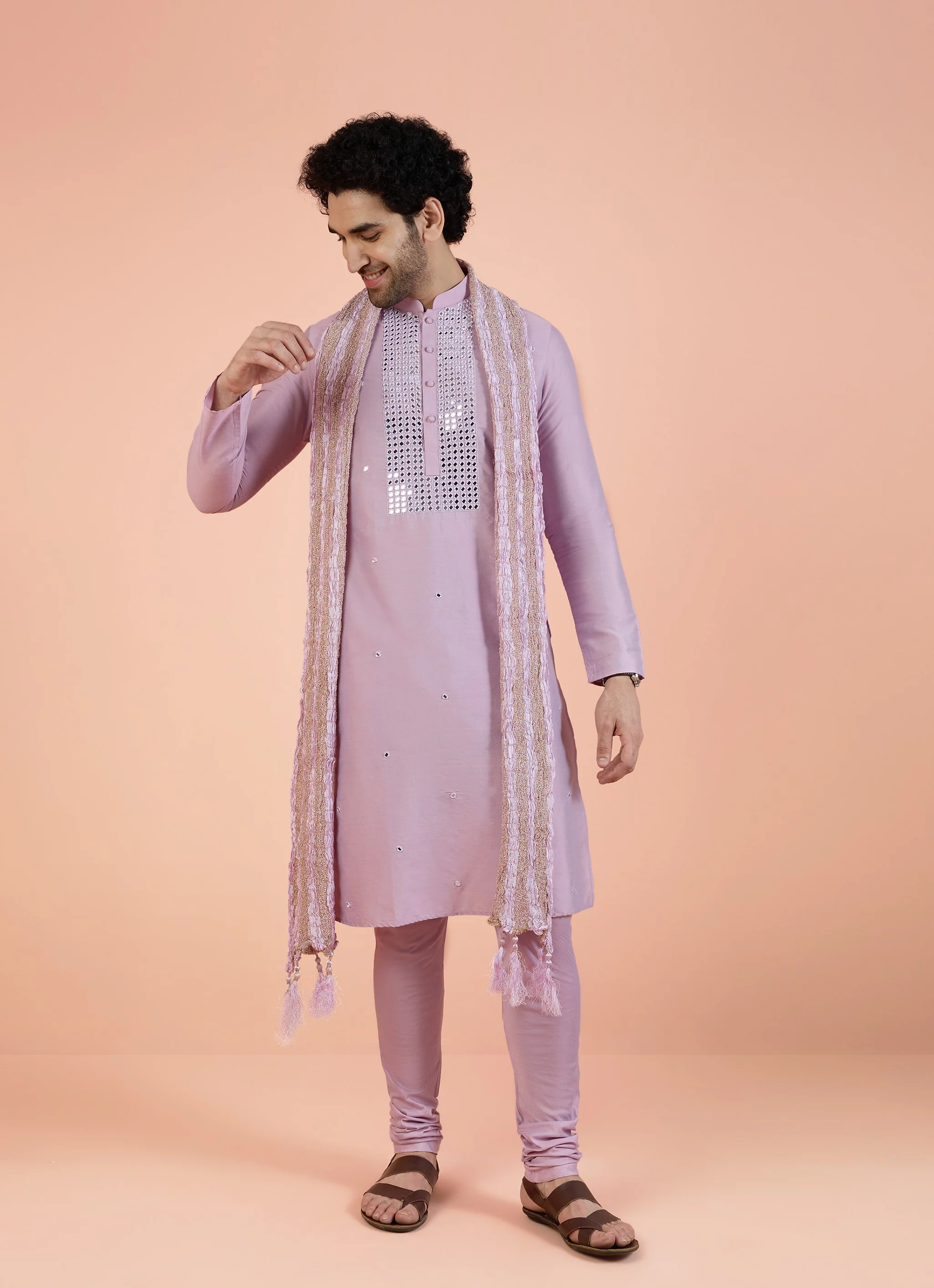 Lilac Silk Mirror Work Kurta Churidar Dupatta - Image 9
