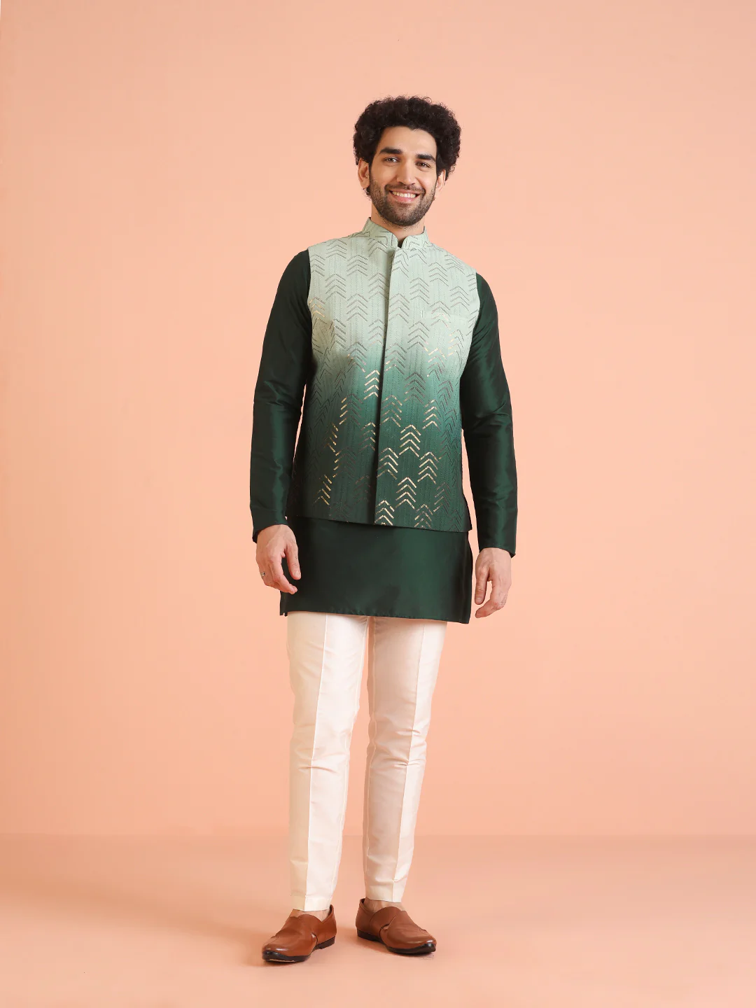 Green Ombre Sequinned Nehru Jacket Set - Image 10