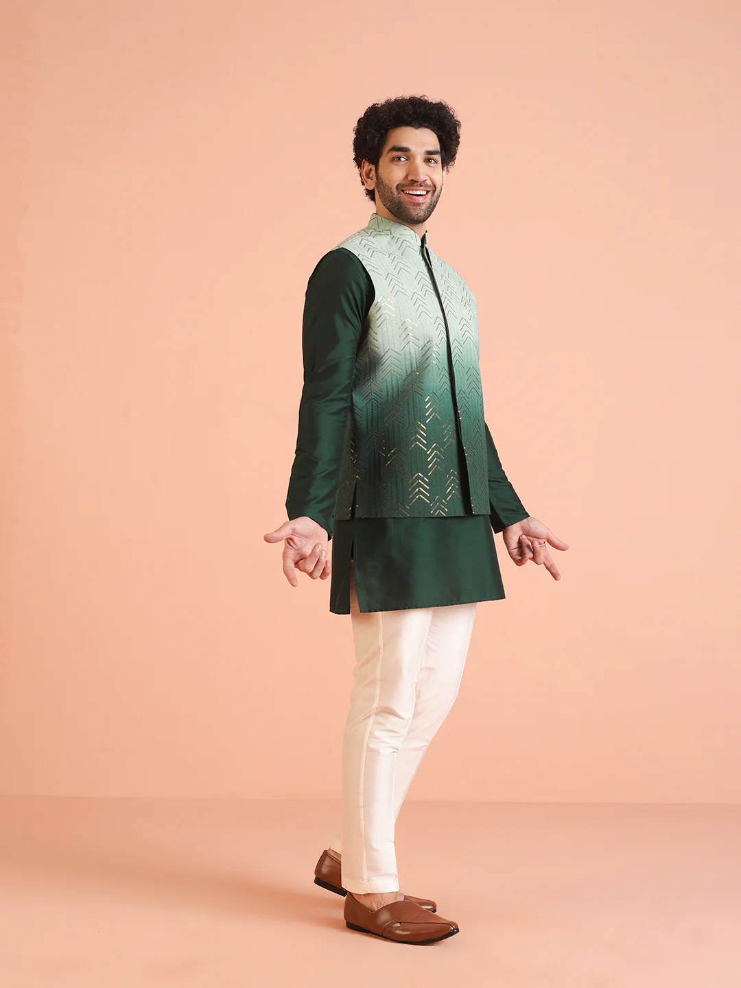 Green Ombre Sequinned Nehru Jacket Set - Image 8