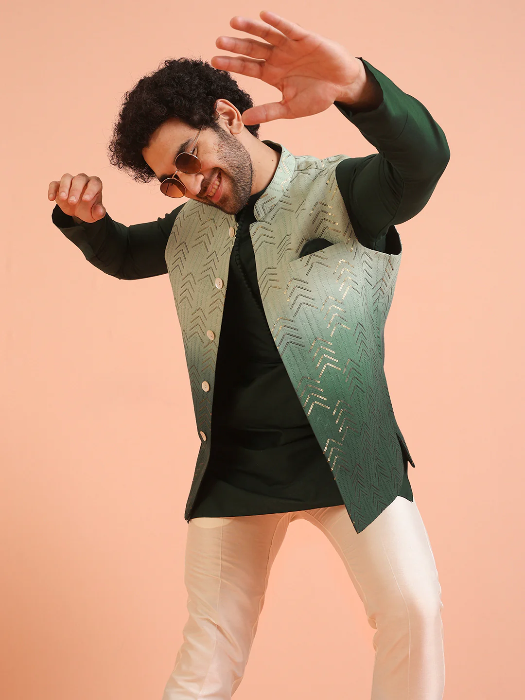 Green Ombre Sequinned Nehru Jacket Set - Image 9