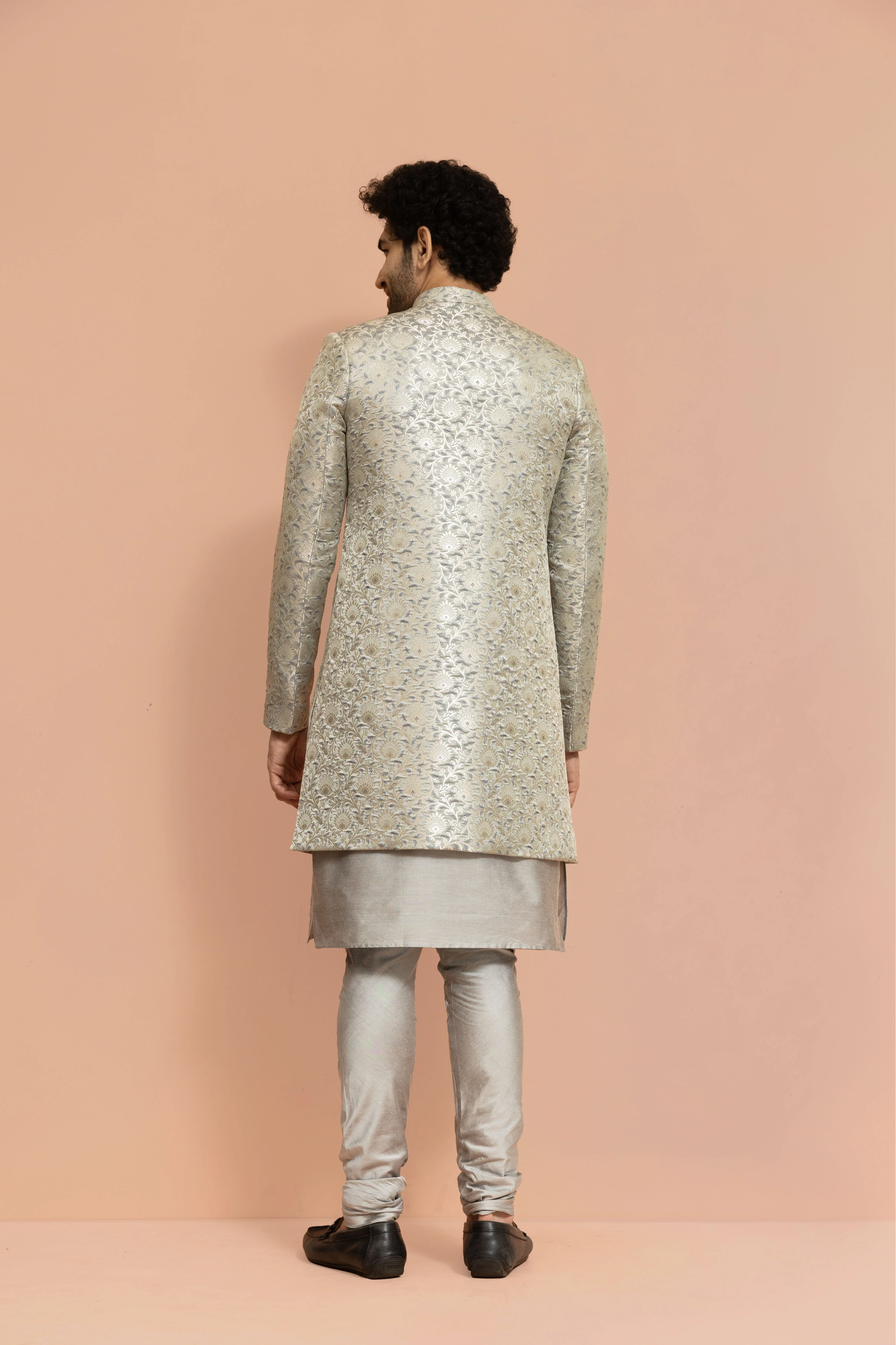 Men Grey Jacquard Floral Kurta Indowestern Churidar Set - Image 4