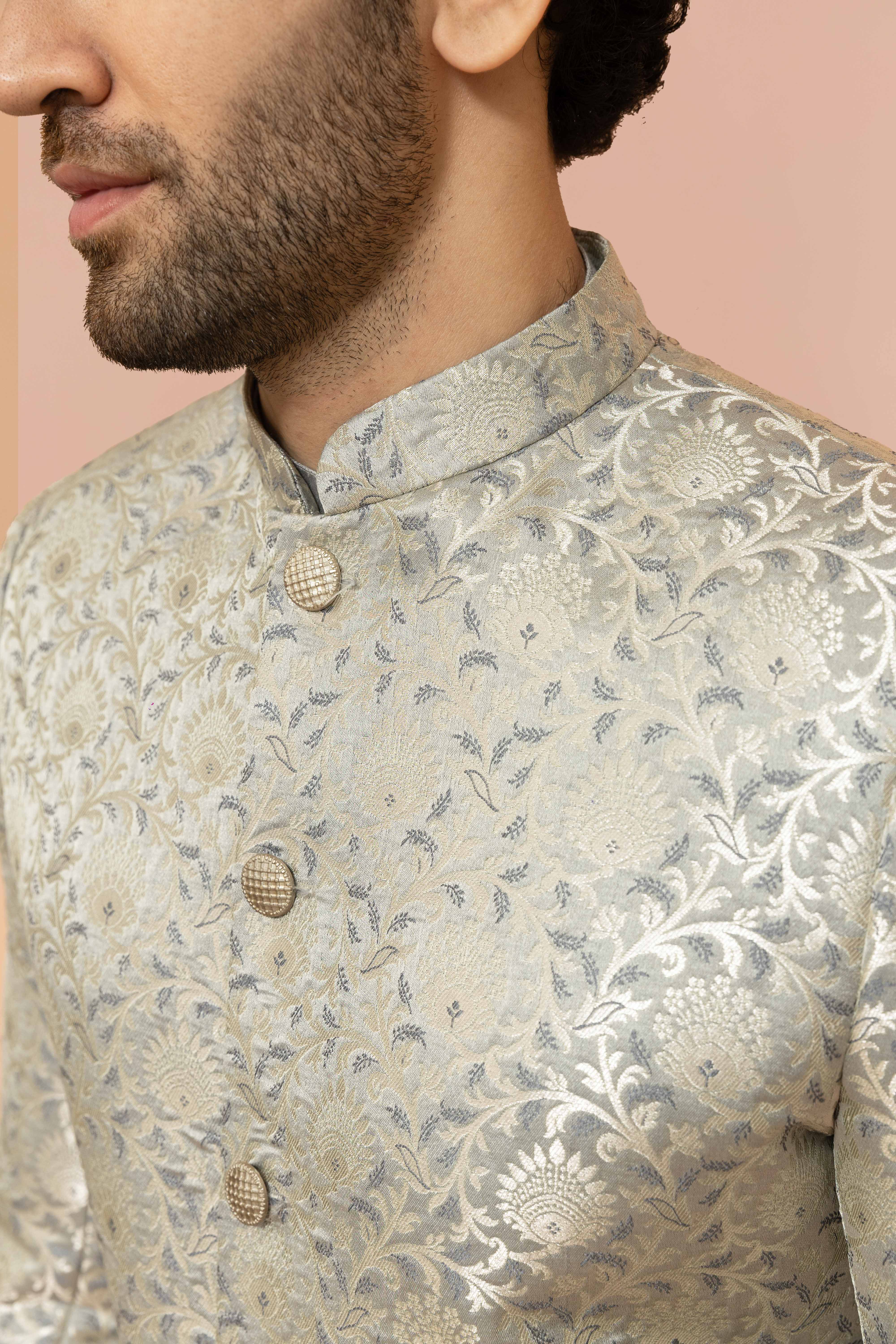 Men Grey Jacquard Floral Kurta Indowestern Churidar Set - Image 5