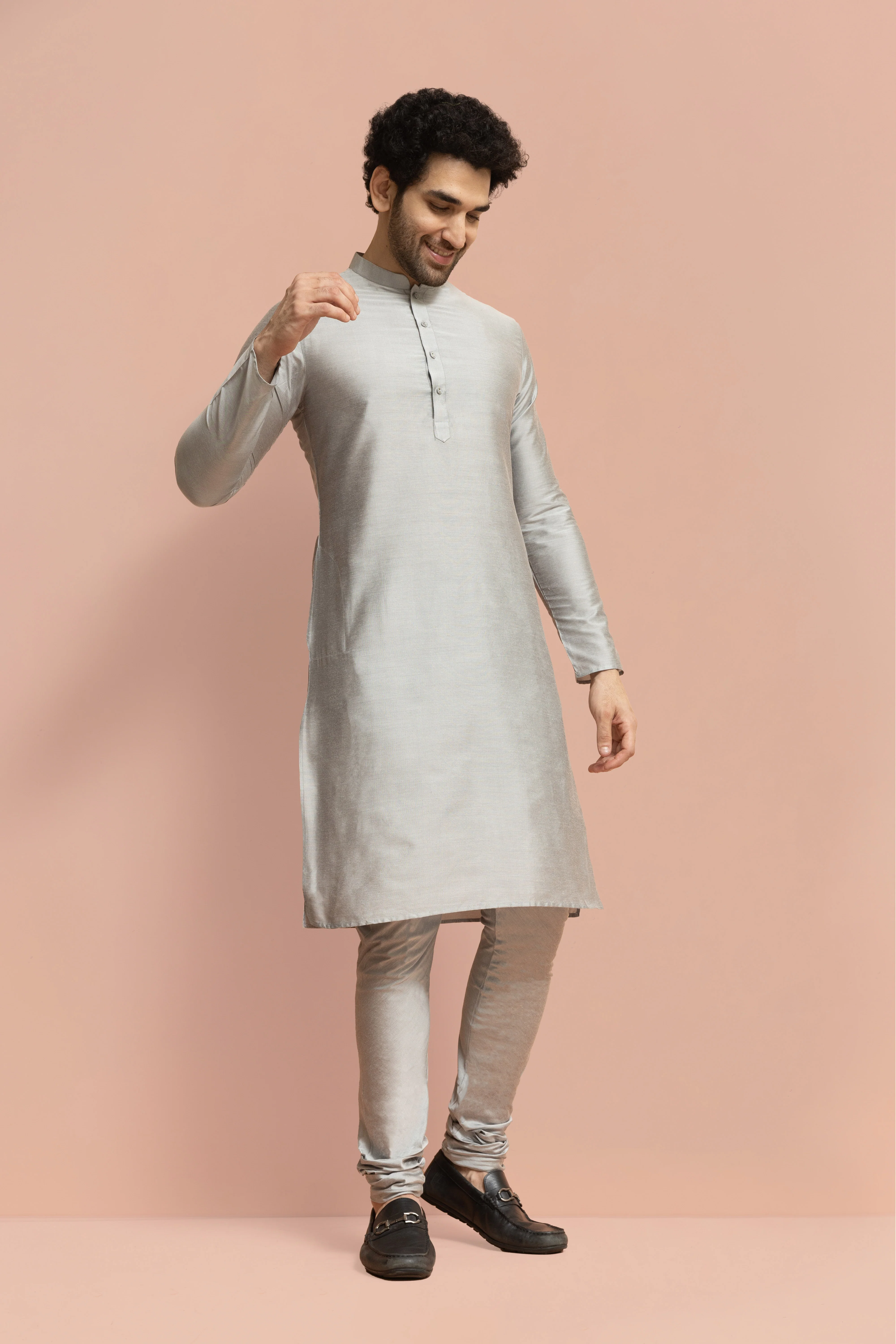 Men Grey Jacquard Floral Kurta Indowestern Churidar Set - Image 7