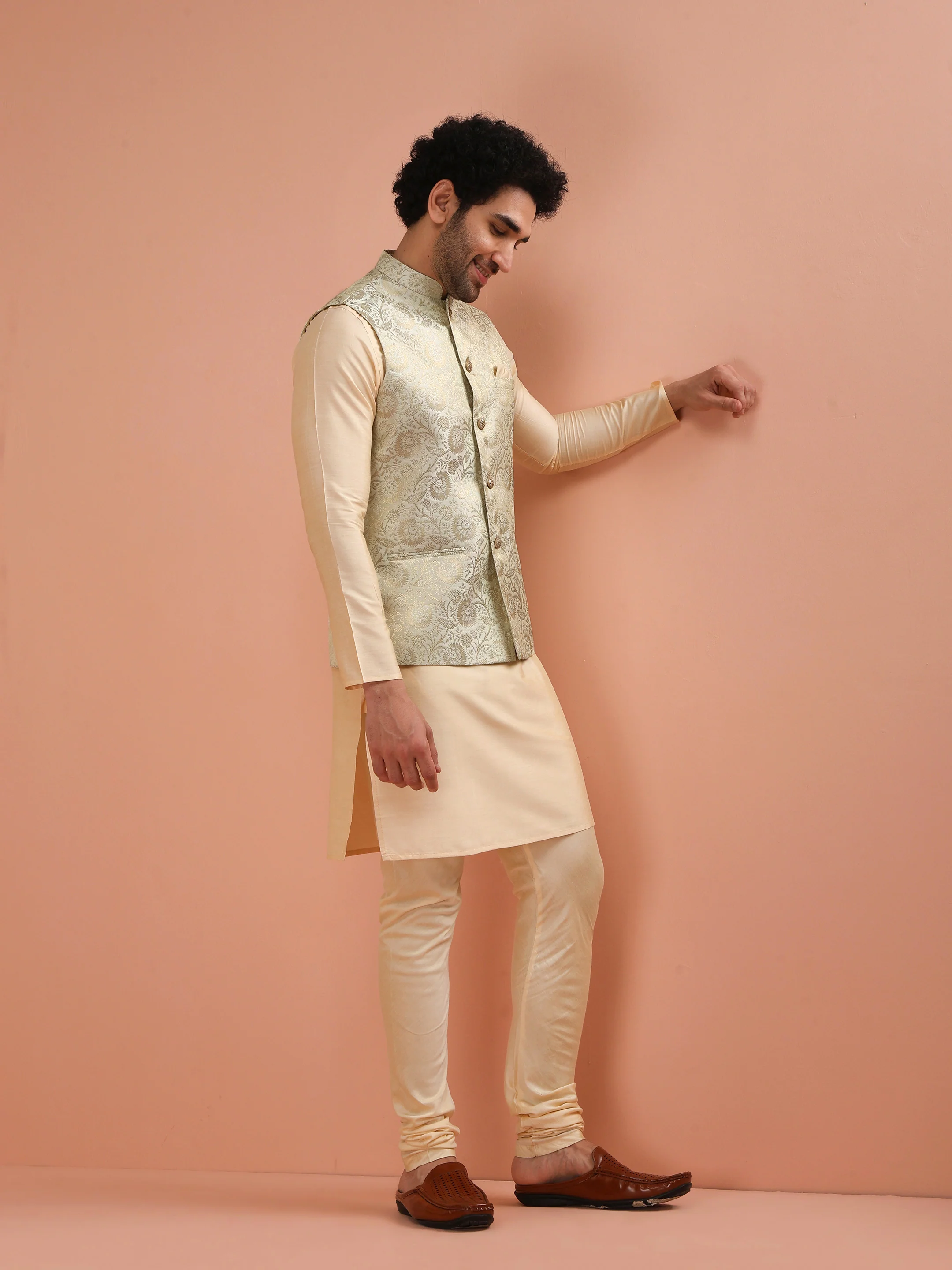Men Cream Jacquard Kurta Jacket Churidar Set with Floral - Image 3